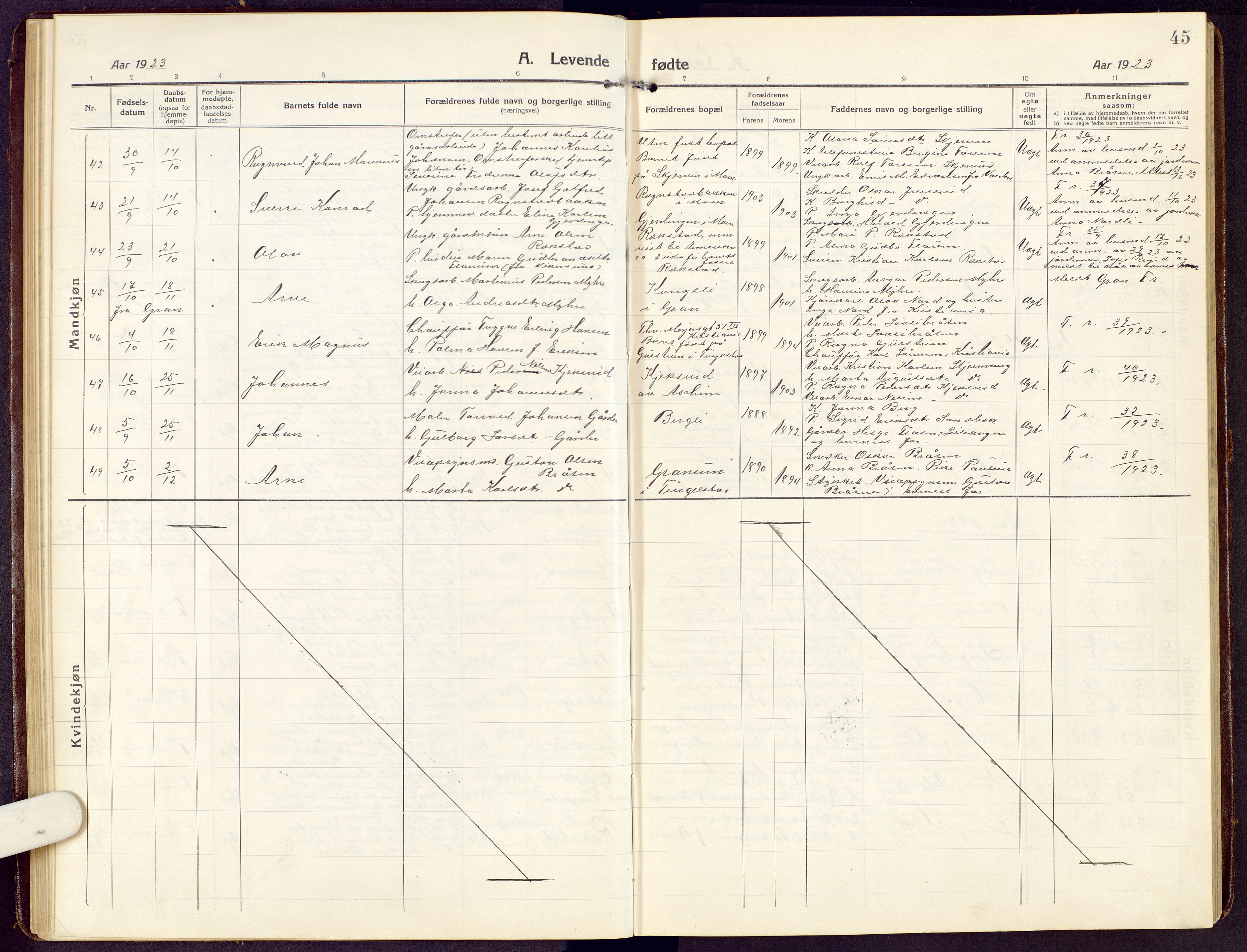 Brandbu prestekontor, SAH/PREST-114/H/Ha/Hab/L0010: Parish register (copy) no. 10, 1916-1930, p. 45