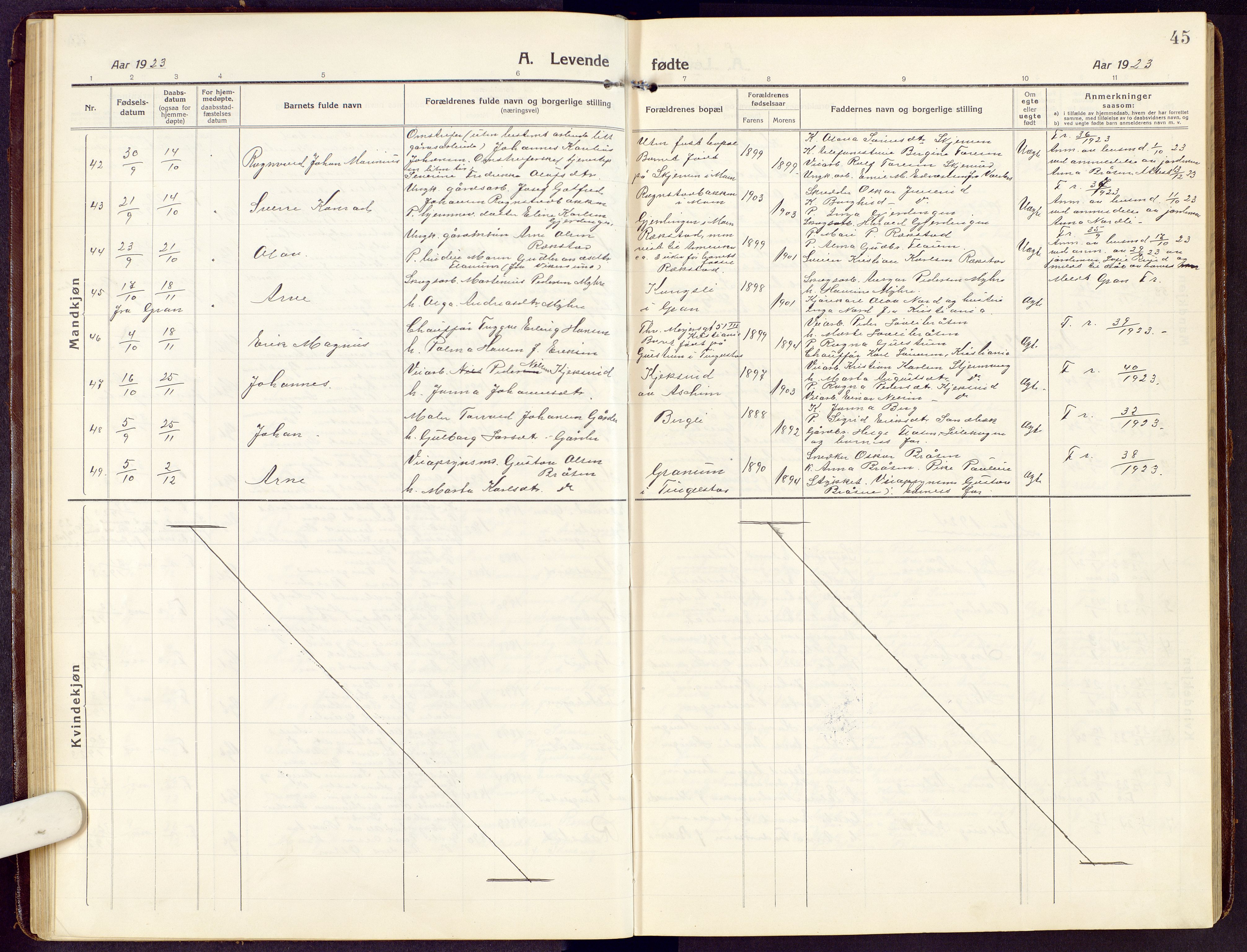 Brandbu prestekontor, AV/SAH-PREST-114/H/Ha/Hab/L0010: Parish register (copy) no. 10, 1916-1930, p. 45