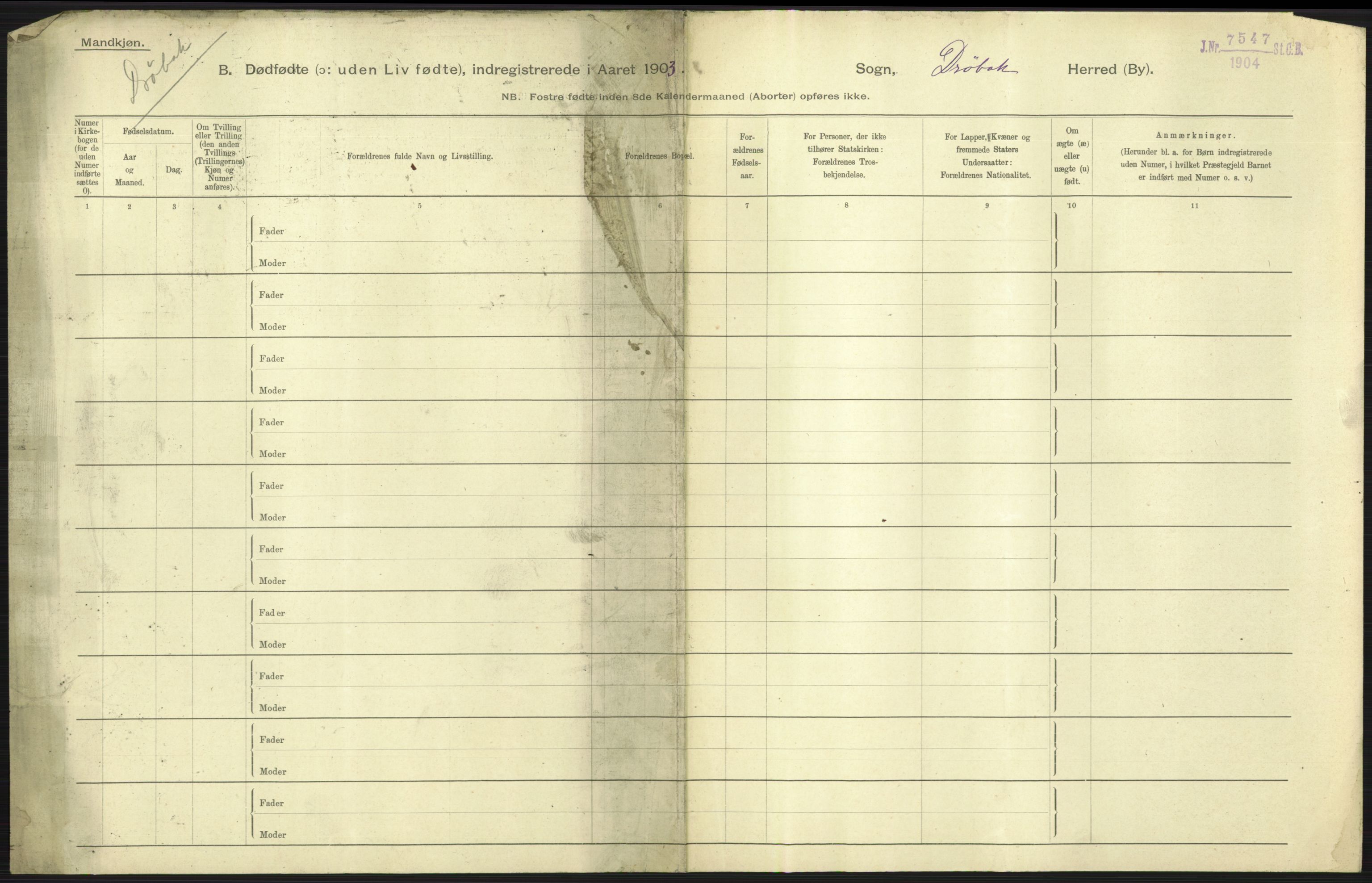 Statistisk sentralbyrå, Sosiodemografiske emner, Befolkning, RA/S-2228/D/Df/Dfa/Dfaa/L0026: Smålenenes - Finnmarkens amt: Dødfødte. Byer., 1903, p. 217