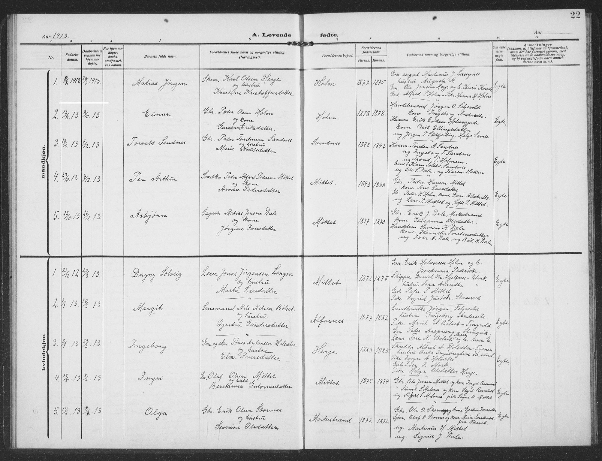 Ministerialprotokoller, klokkerbøker og fødselsregistre - Møre og Romsdal, SAT/A-1454/549/L0615: Parish register (copy) no. 549C01, 1905-1932, p. 22