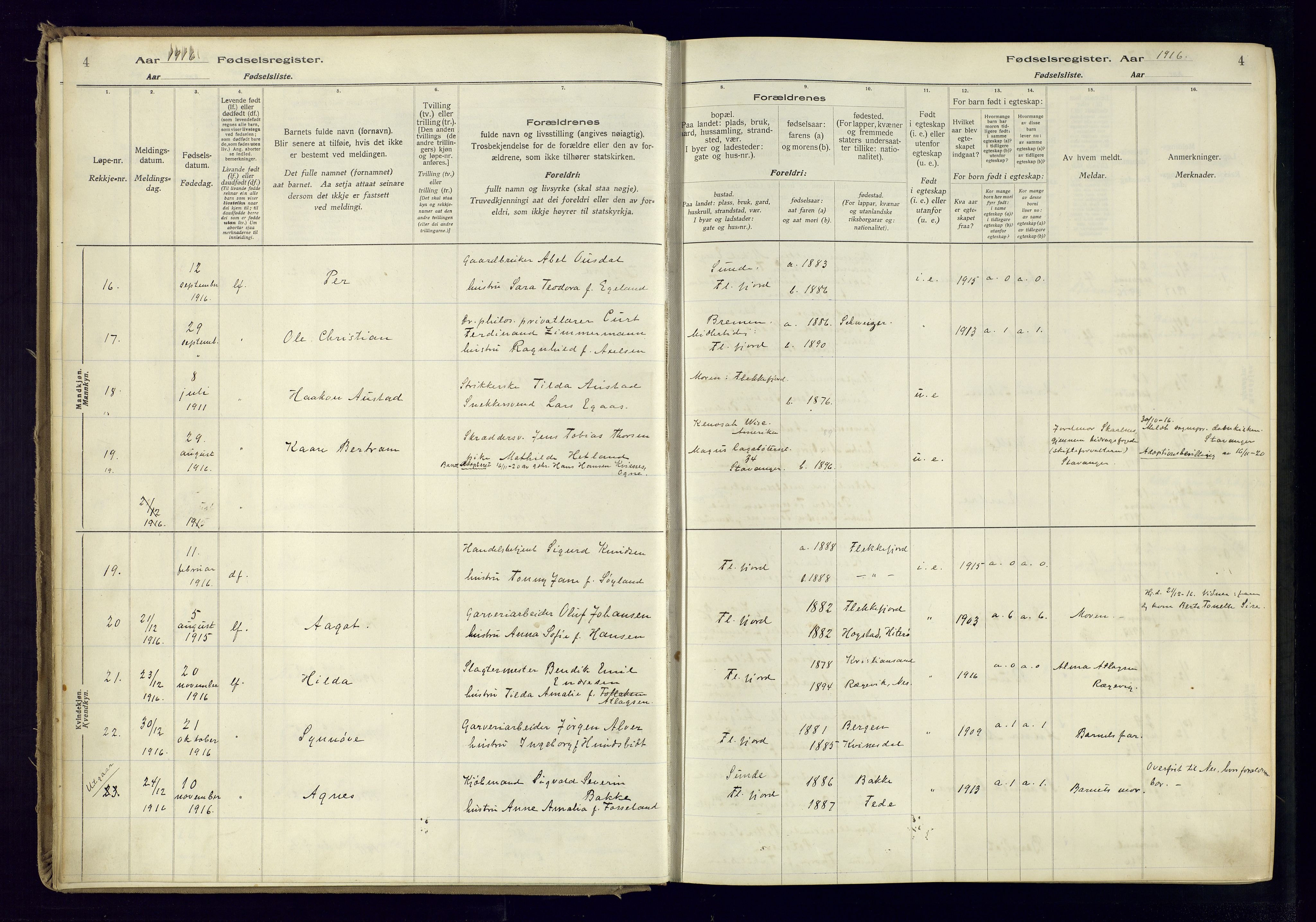 Flekkefjord sokneprestkontor, SAK/1111-0012/J/Ja/L0001: Birth register no. 1, 1916-1948, p. 4