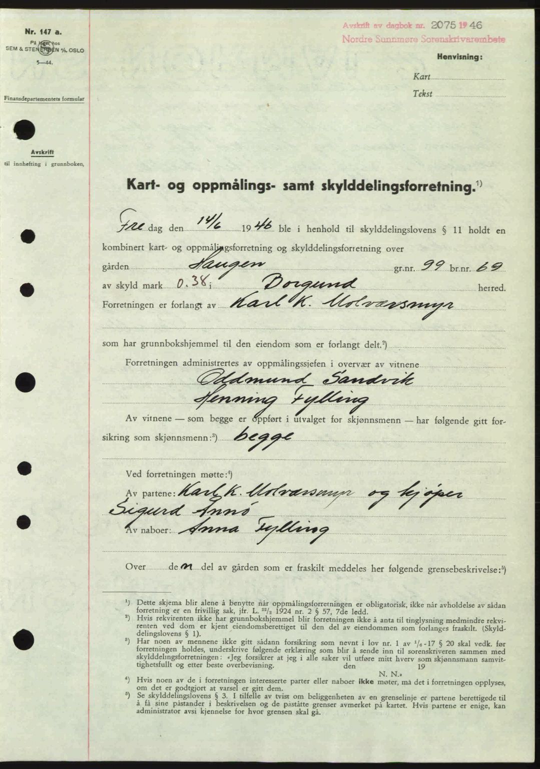 Nordre Sunnmøre sorenskriveri, AV/SAT-A-0006/1/2/2C/2Ca: Mortgage book no. A23, 1946-1947, Diary no: : 2075/1946