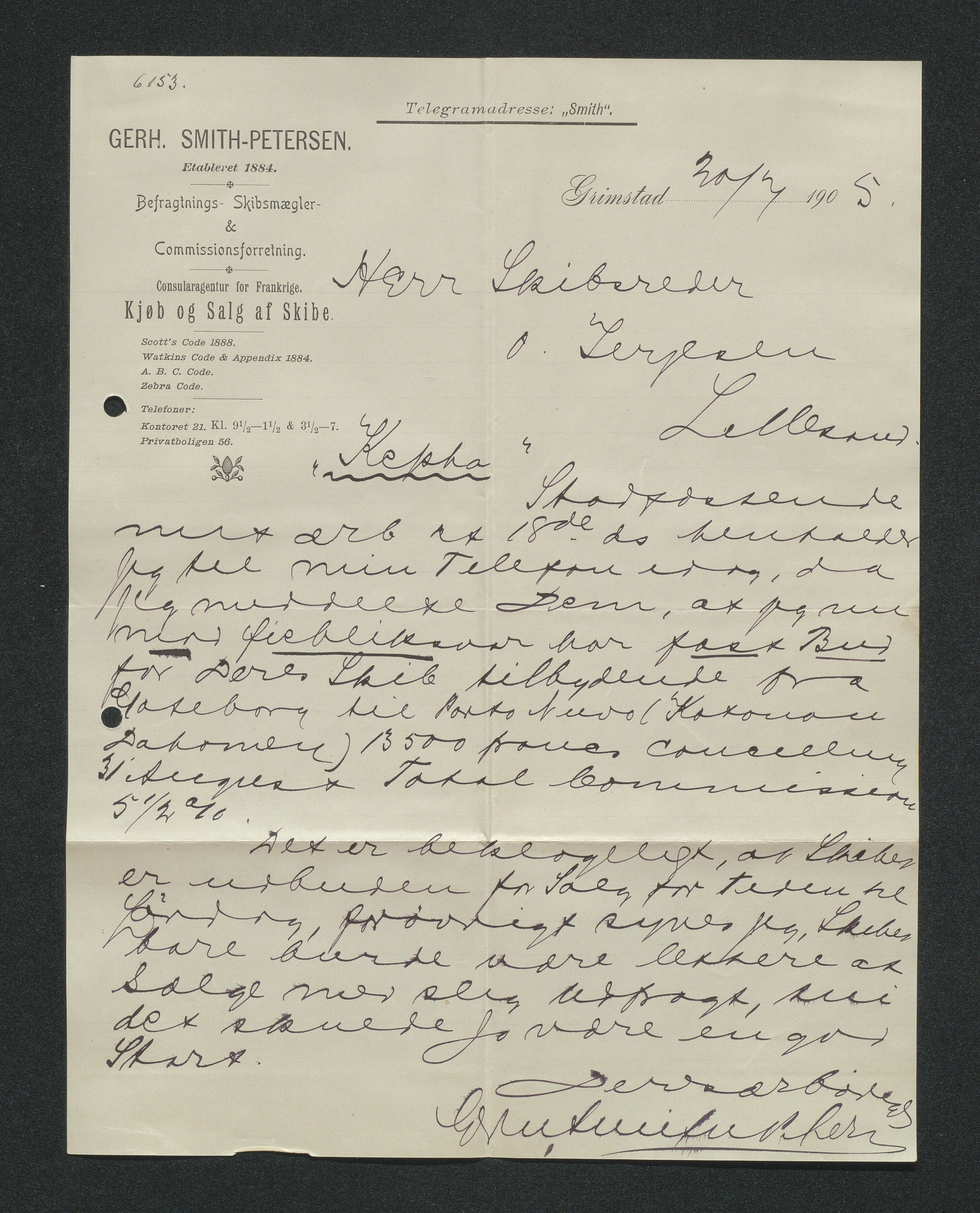 O. Terjesens rederi, AAKS/PA-2525/E/E01/L0013: Korrespondanse, 1904-1905