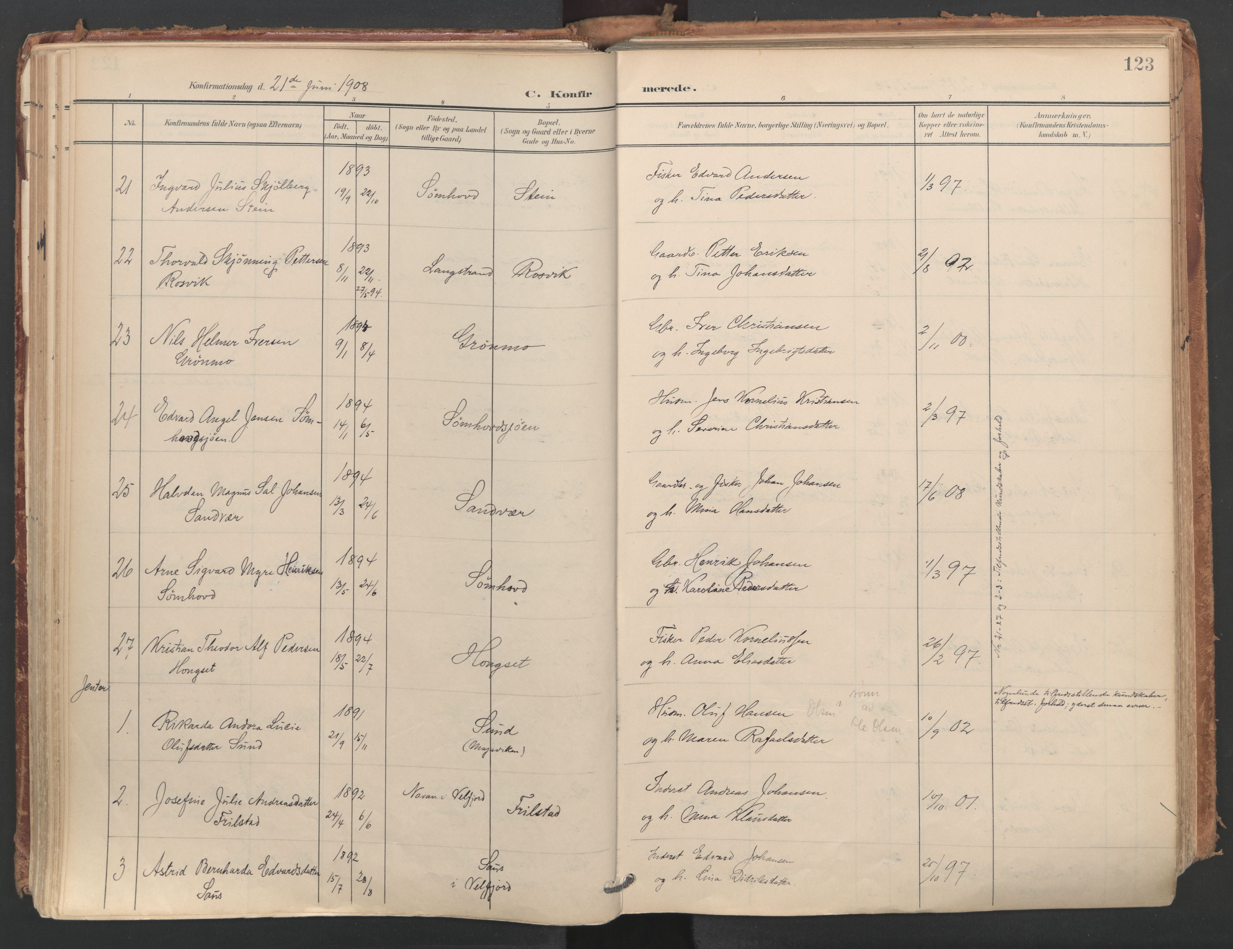 Ministerialprotokoller, klokkerbøker og fødselsregistre - Nordland, AV/SAT-A-1459/812/L0180: Parish register (official) no. 812A09, 1901-1915, p. 123