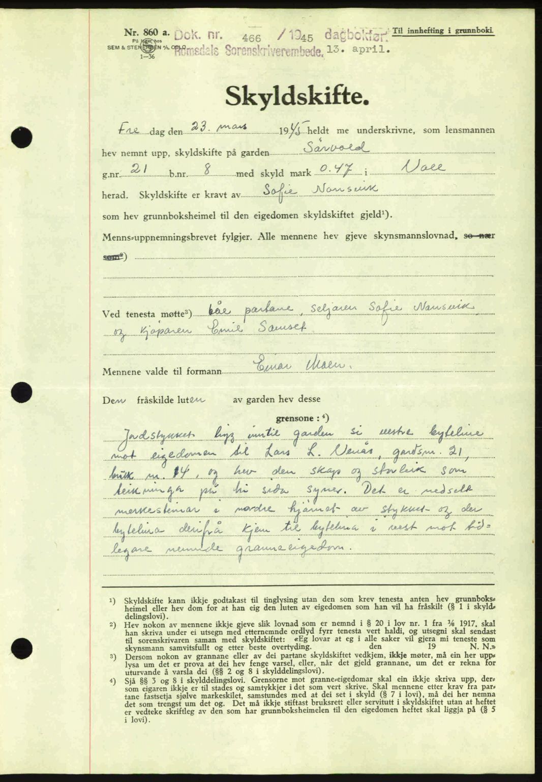 Romsdal sorenskriveri, AV/SAT-A-4149/1/2/2C: Mortgage book no. A17, 1944-1945, Diary no: : 466/1945