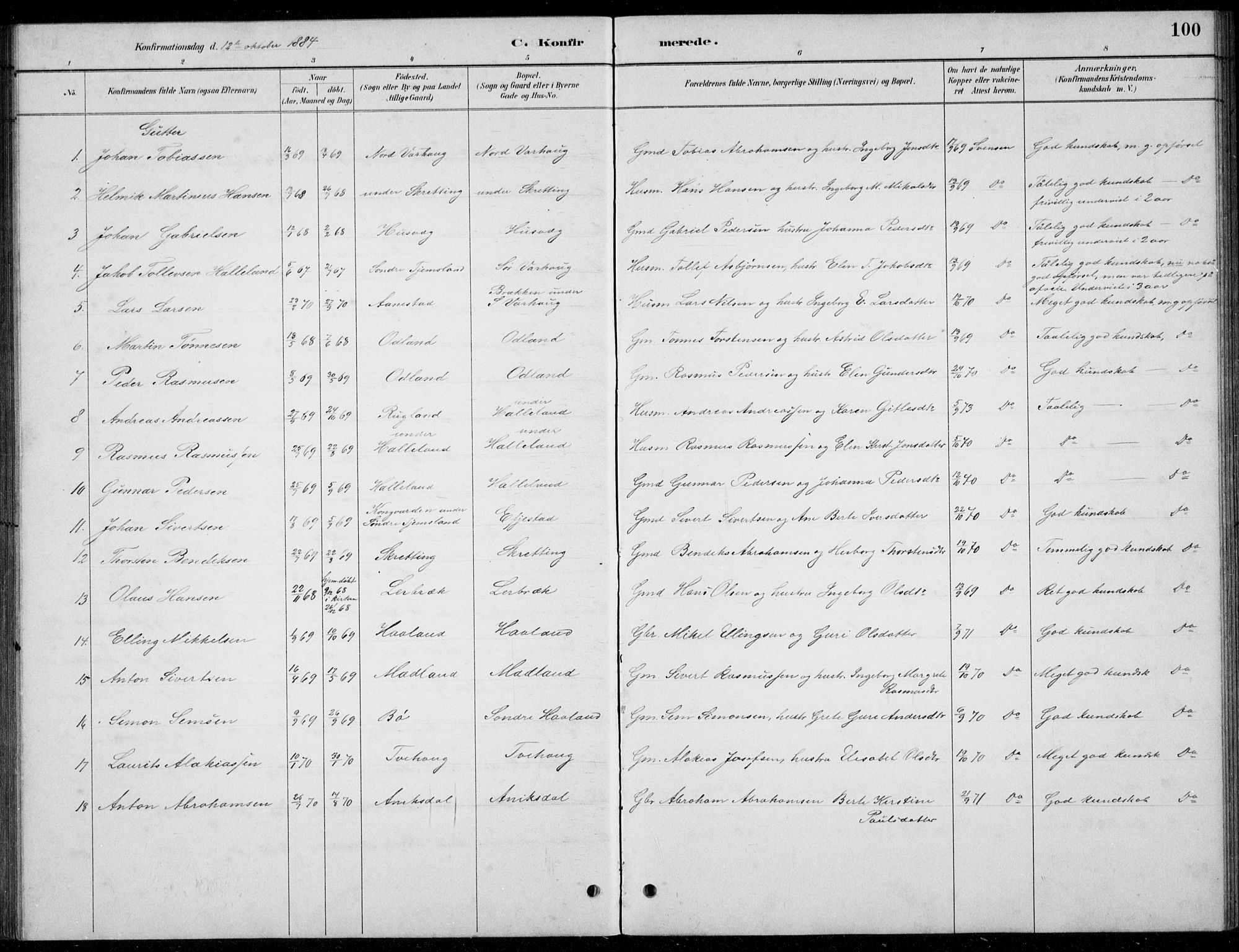 Hå sokneprestkontor, AV/SAST-A-101801/001/30BB/L0004: Parish register (copy) no. B 4, 1883-1899, p. 100