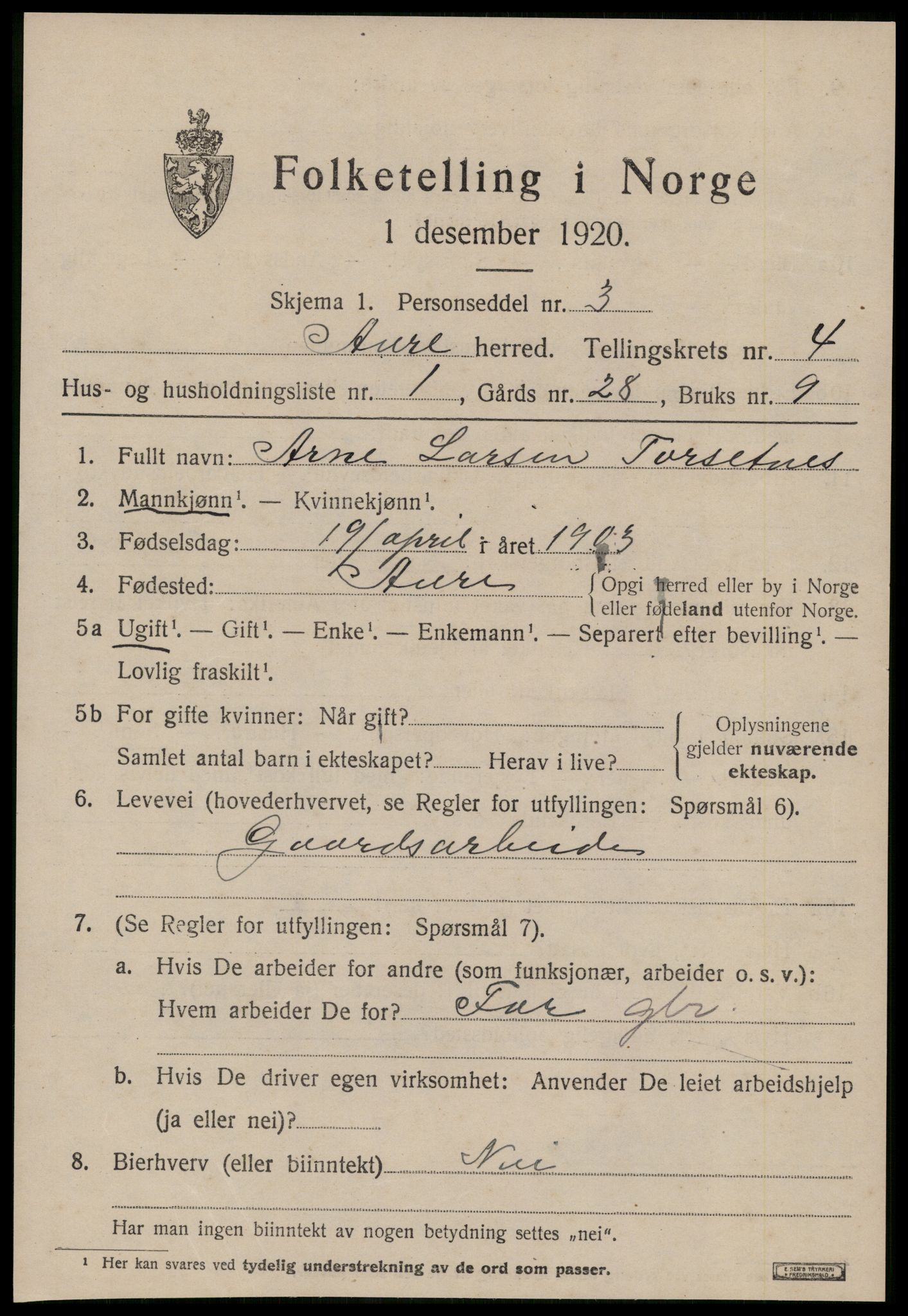 SAT, 1920 census for Aure, 1920, p. 1874