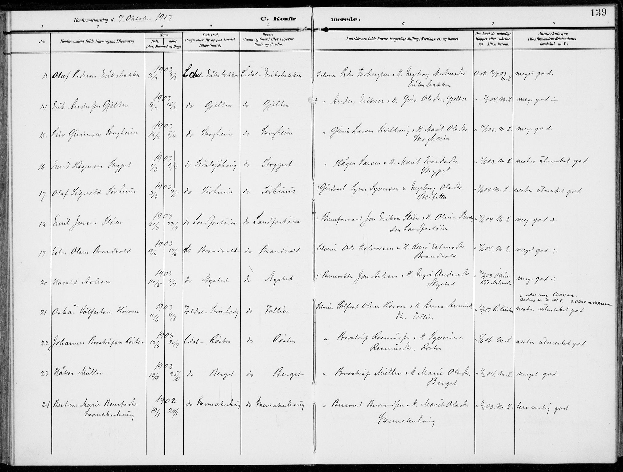 Alvdal prestekontor, AV/SAH-PREST-060/H/Ha/Haa/L0004: Parish register (official) no. 4, 1907-1919, p. 139