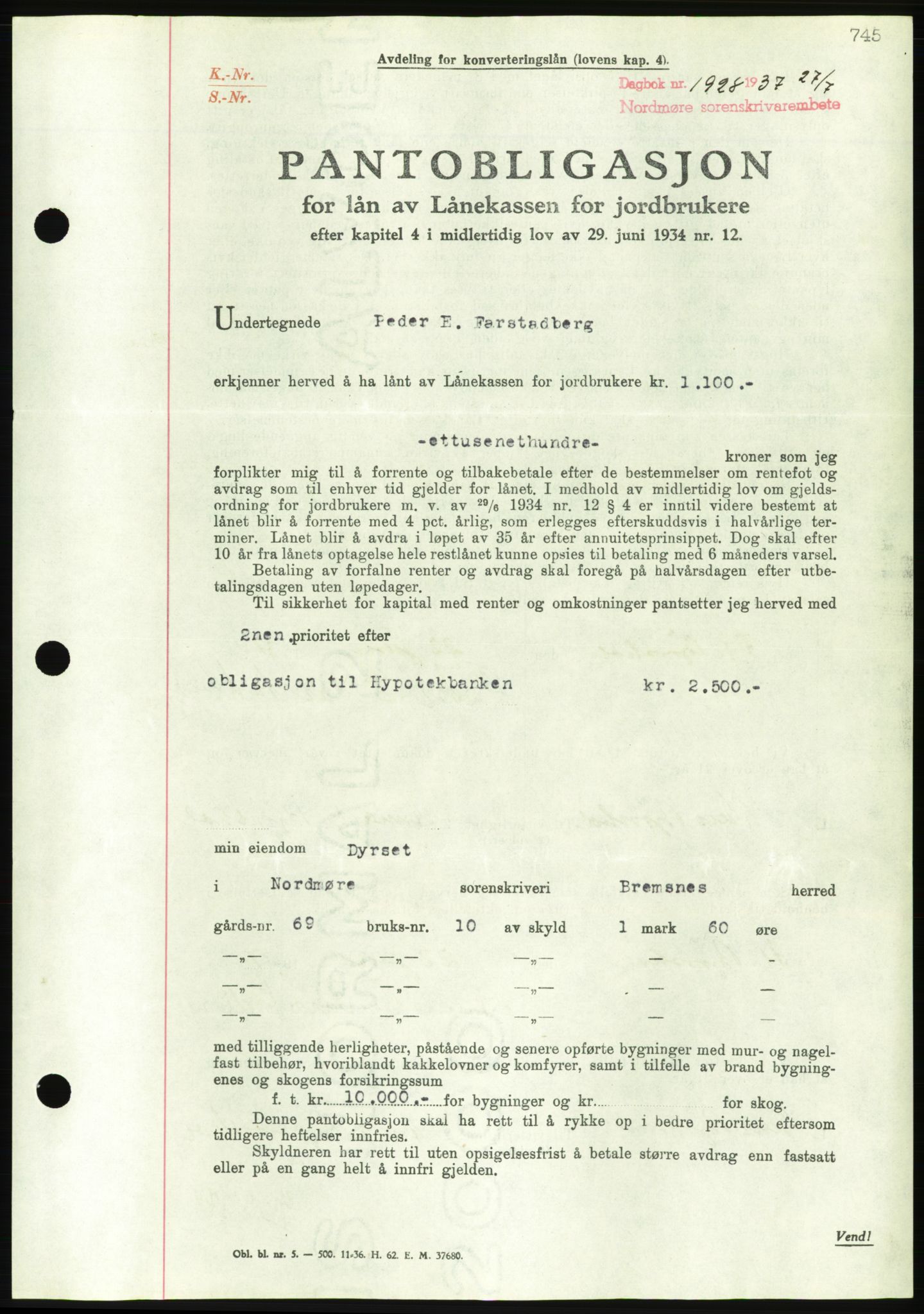 Nordmøre sorenskriveri, AV/SAT-A-4132/1/2/2Ca/L0091: Mortgage book no. B81, 1937-1937, Diary no: : 1928/1937