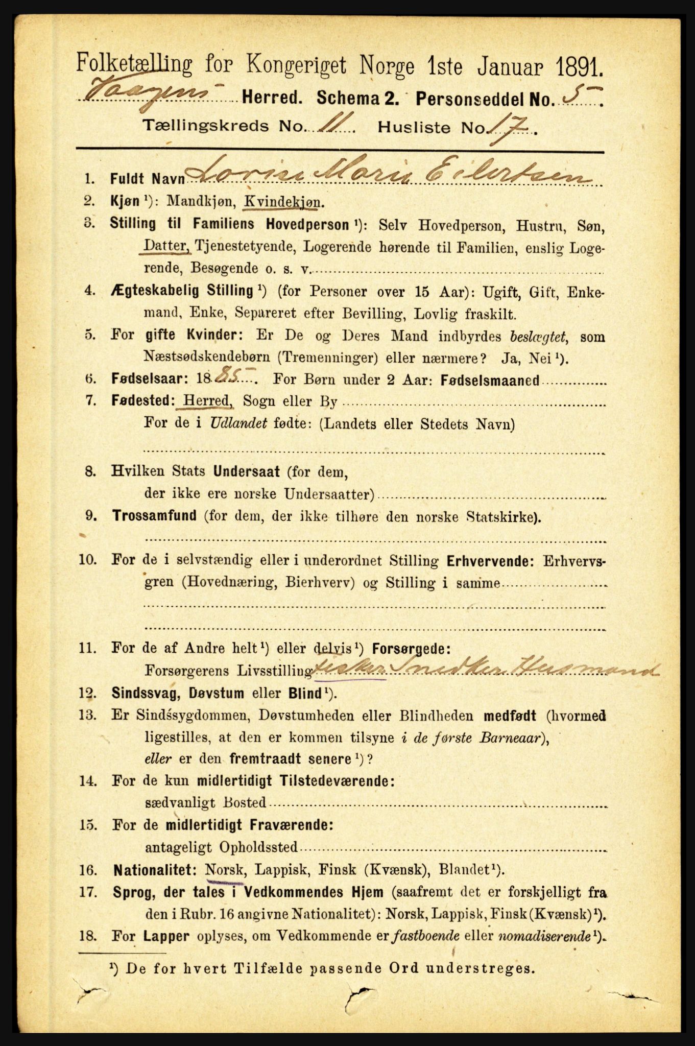 RA, 1891 census for 1865 Vågan, 1891, p. 2829