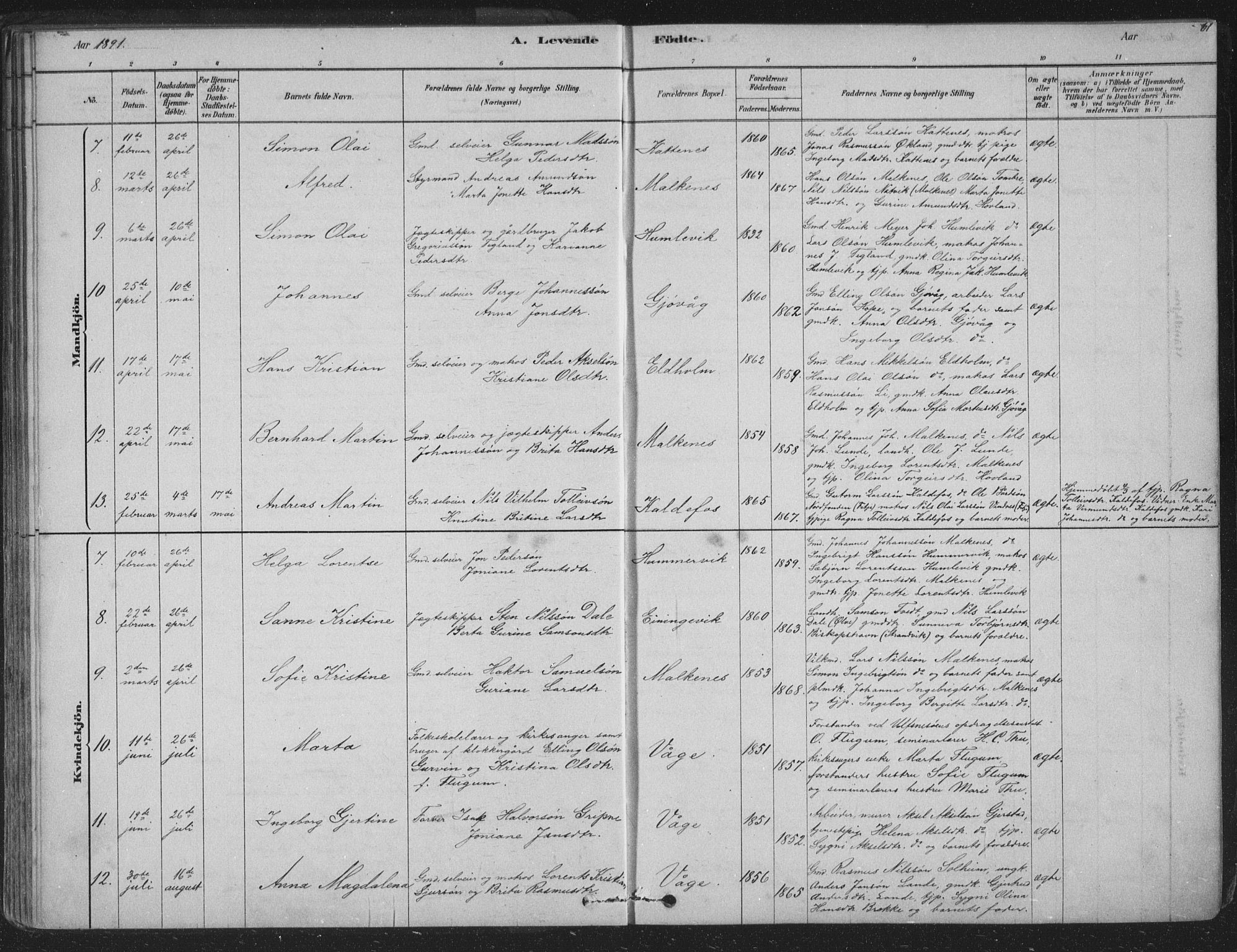 Tysnes sokneprestembete, SAB/A-78601/H/Hab: Parish register (copy) no. B 2, 1878-1918, p. 61