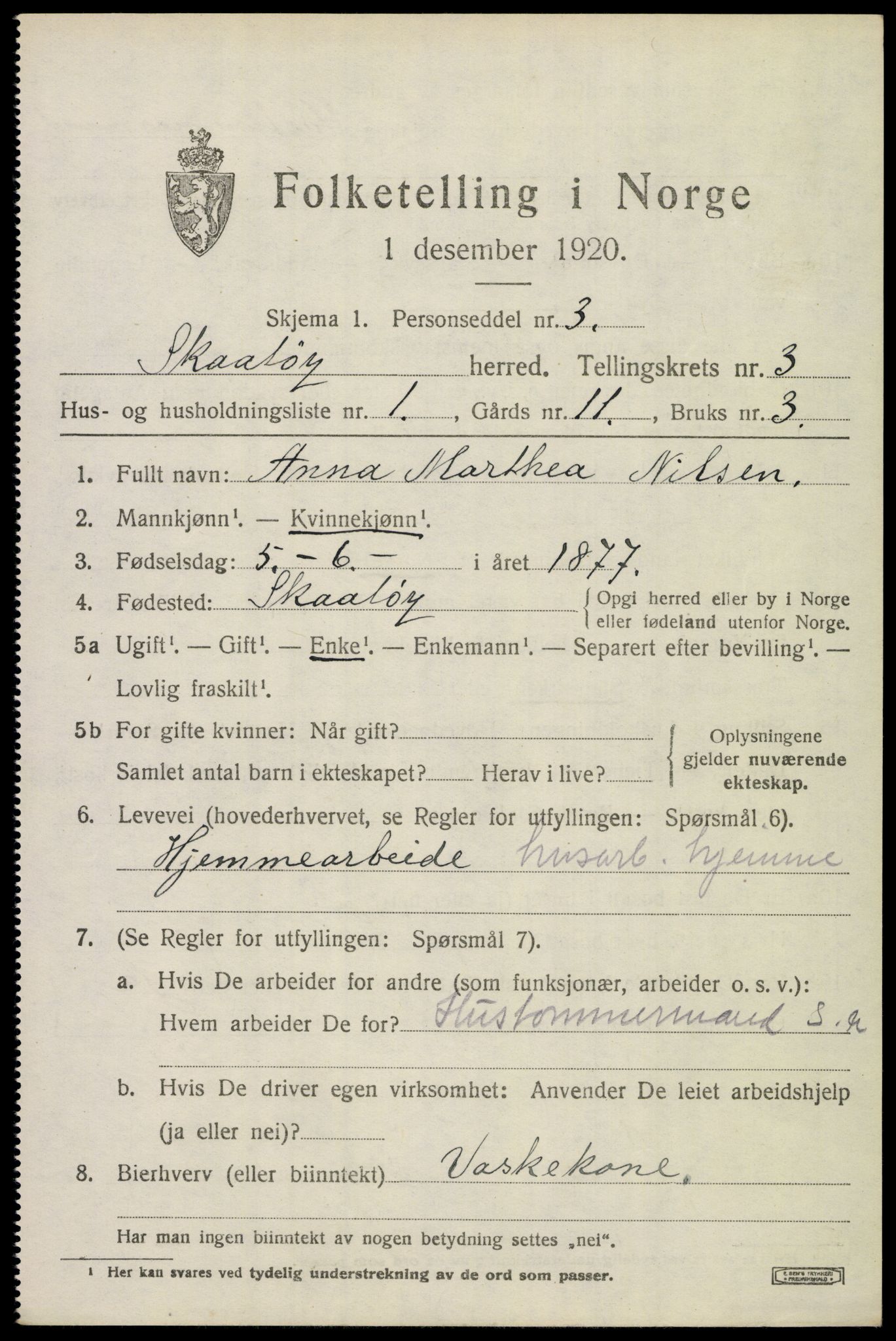 SAKO, 1920 census for Skåtøy, 1920, p. 2794