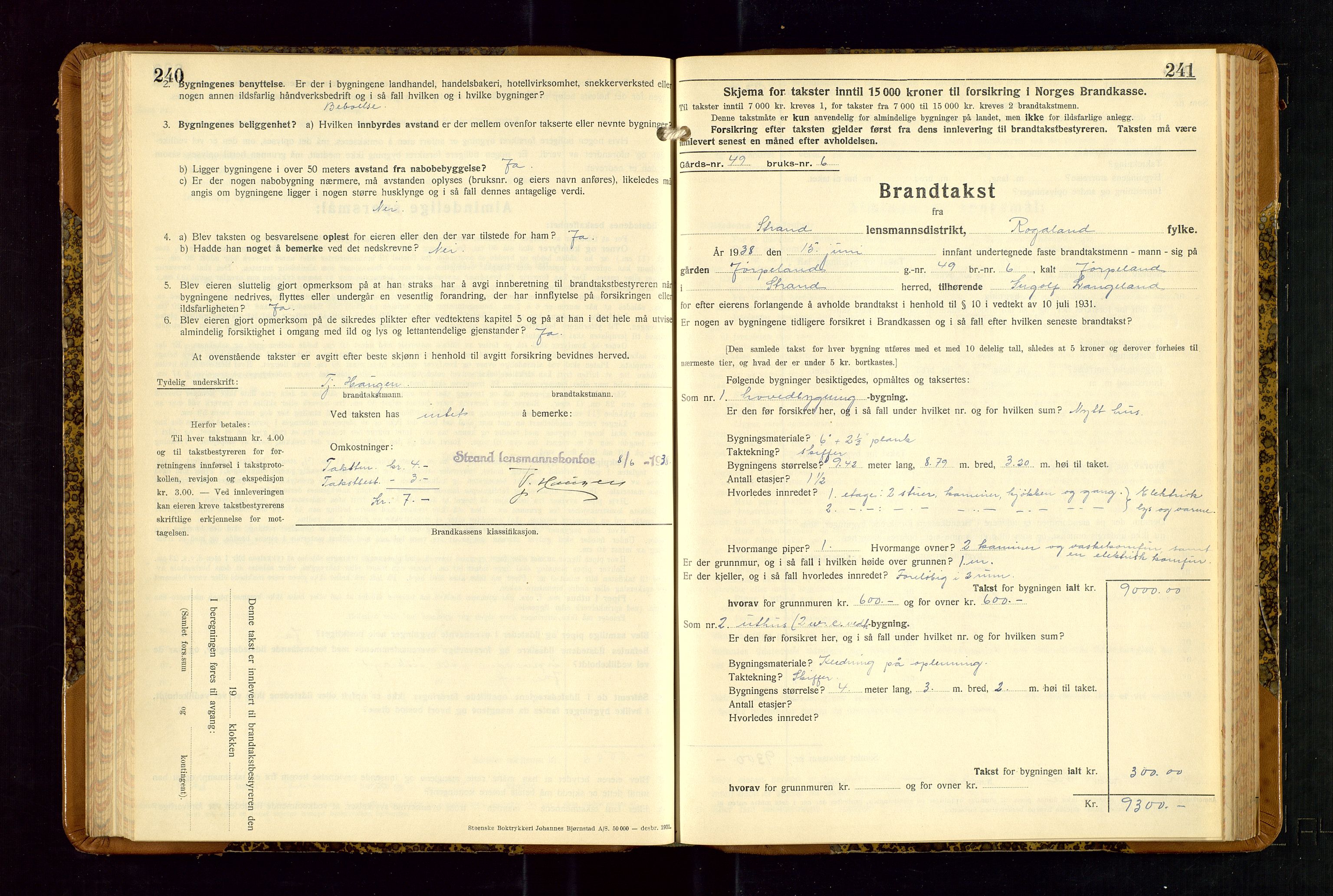 Strand og Forsand lensmannskontor, AV/SAST-A-100451/Gob/L0001: Branntakstprotokoll, 1935-1942, p. 240-241