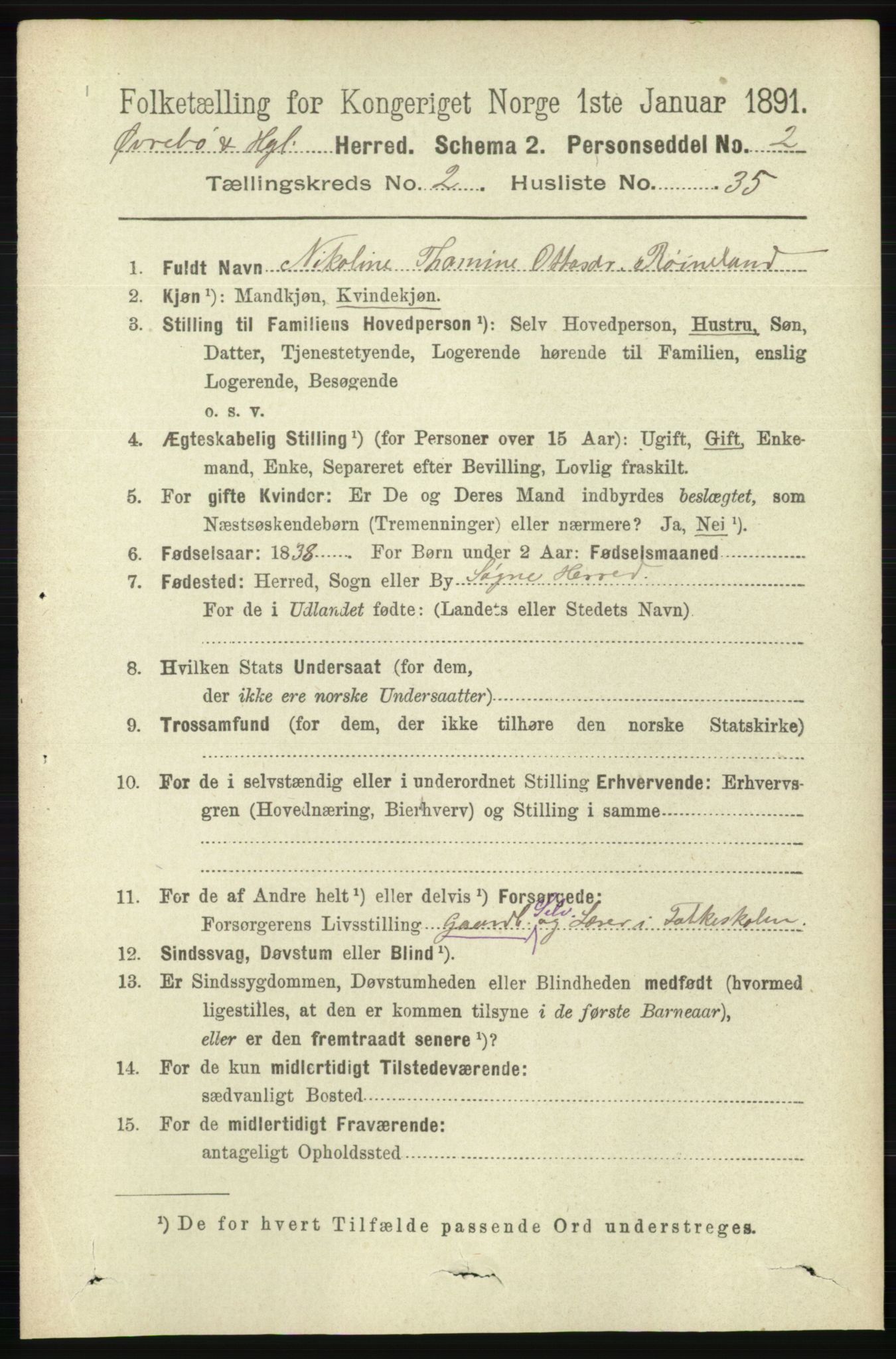 RA, 1891 census for 1016 Øvrebø og Hægeland, 1891, p. 492