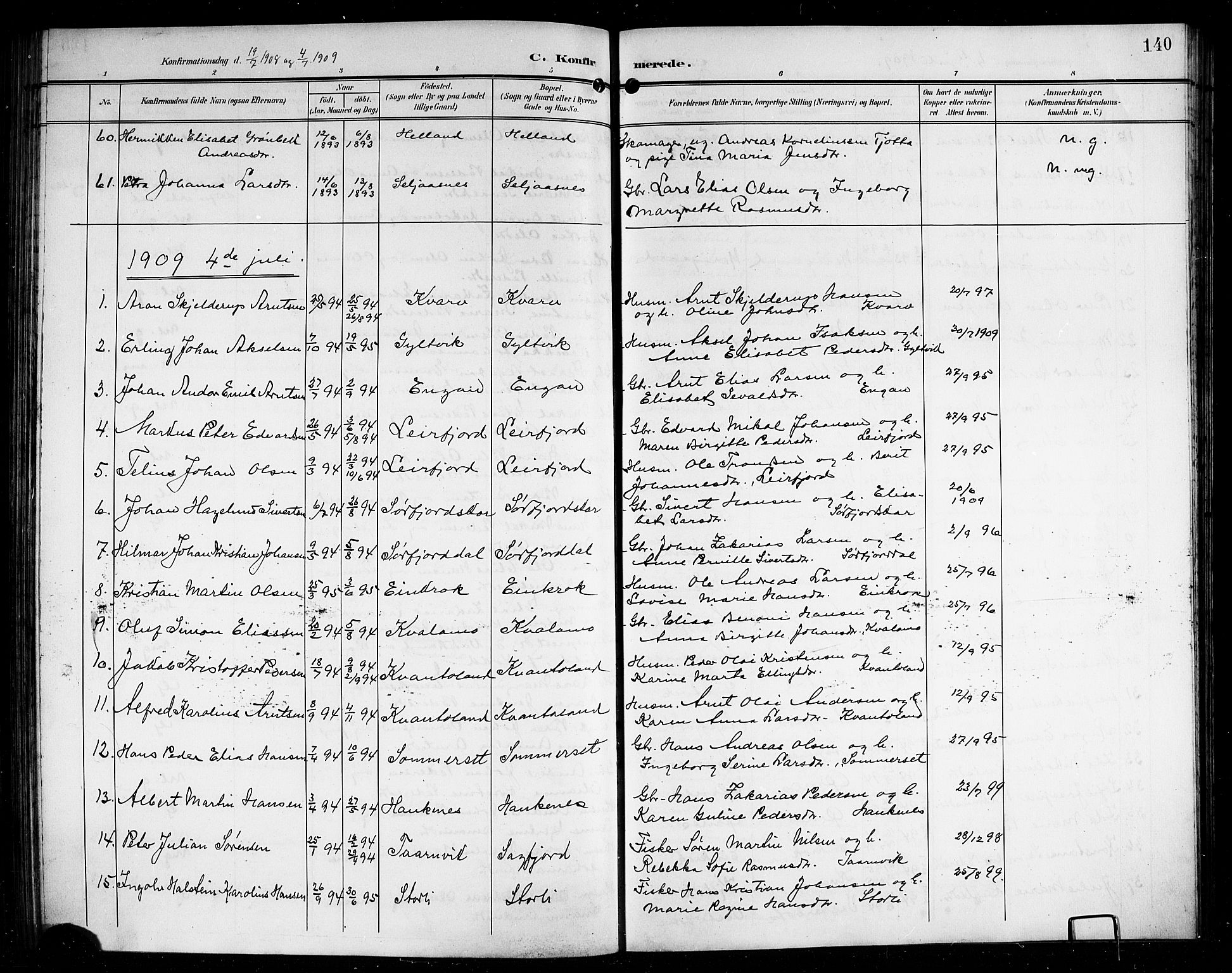 Ministerialprotokoller, klokkerbøker og fødselsregistre - Nordland, AV/SAT-A-1459/854/L0786: Parish register (copy) no. 854C02, 1901-1912, p. 140