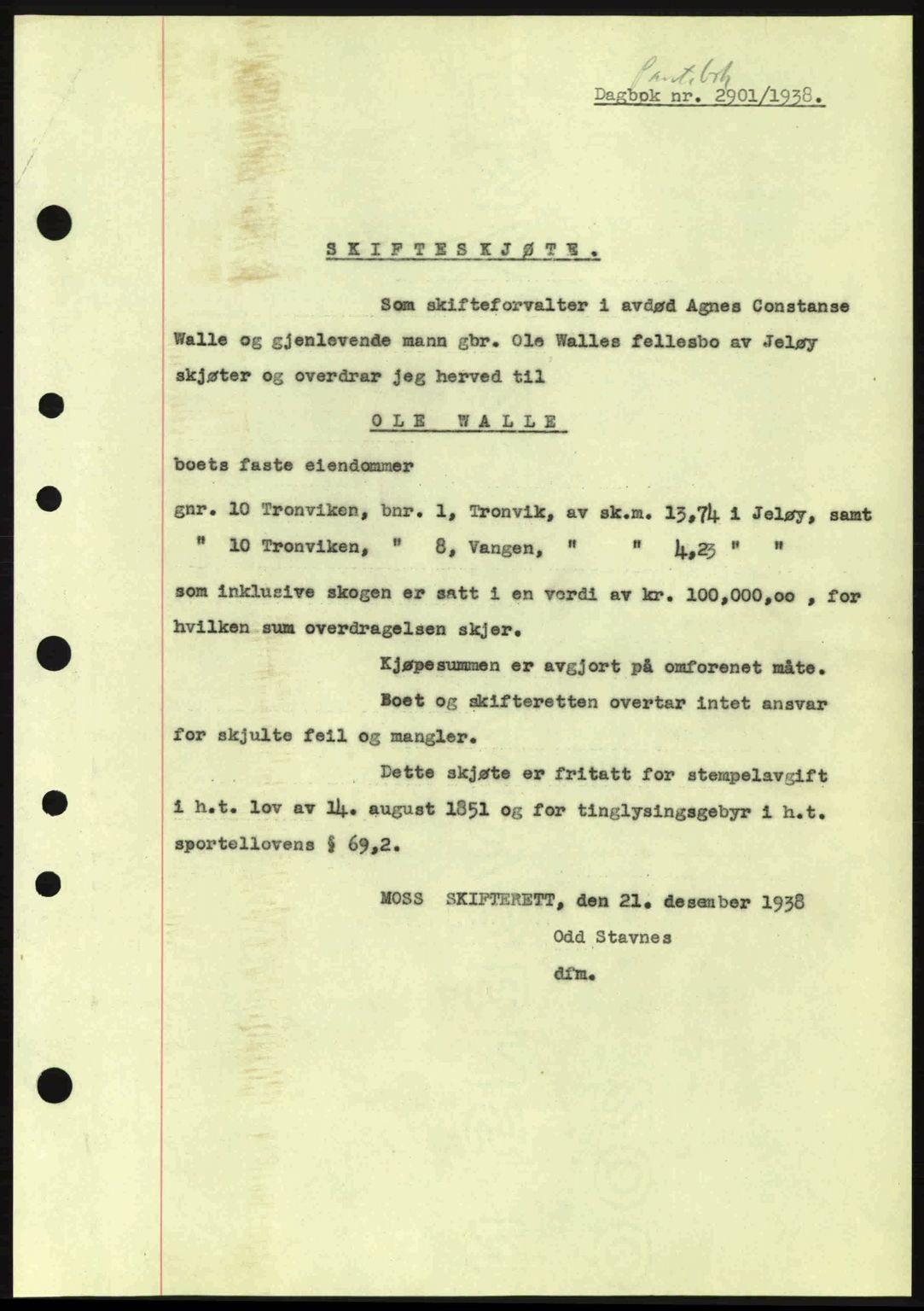 Moss sorenskriveri, SAO/A-10168: Mortgage book no. A5, 1938-1939, Diary no: : 2901/1938