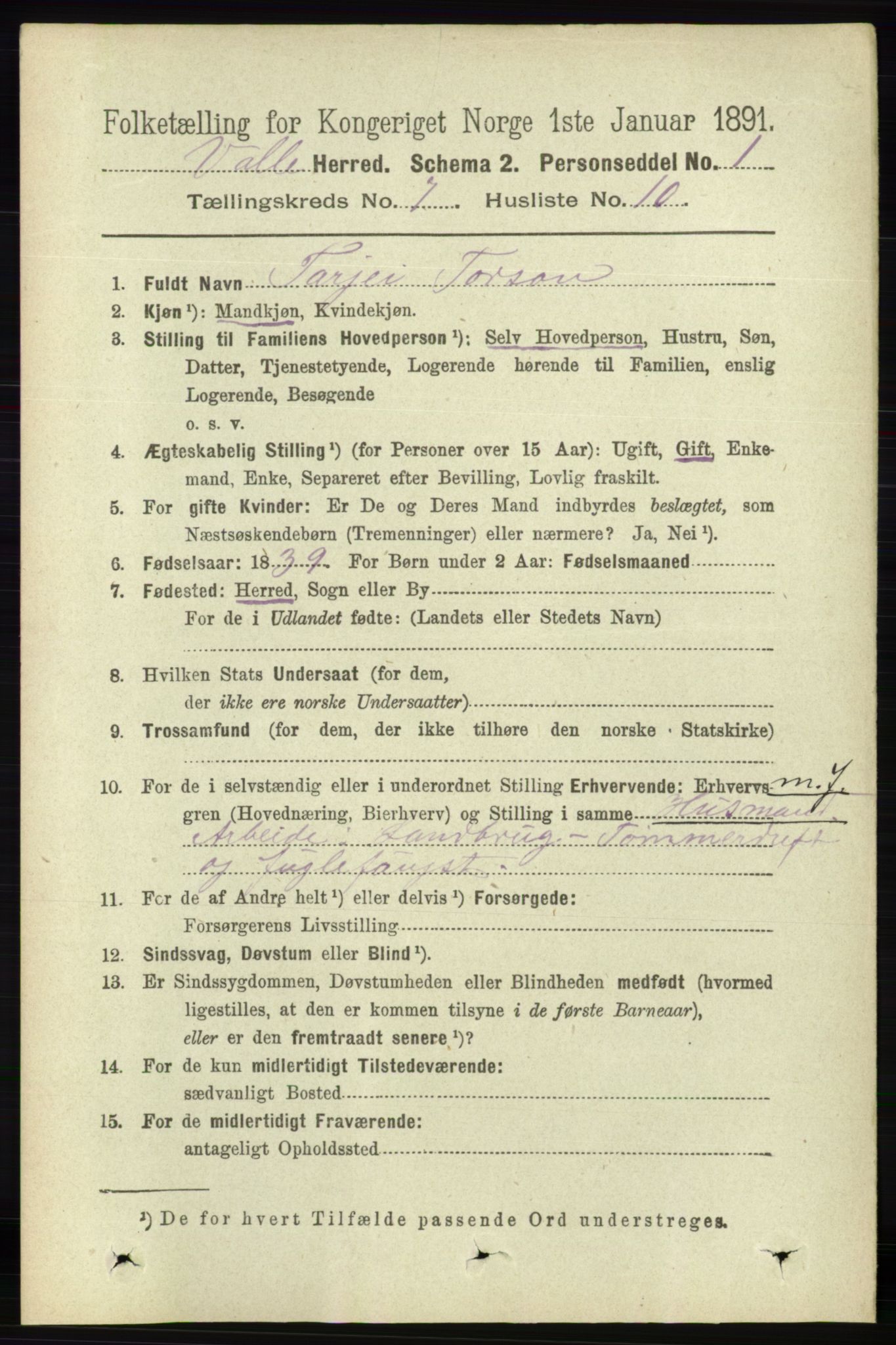 RA, 1891 census for 0940 Valle, 1891, p. 2021