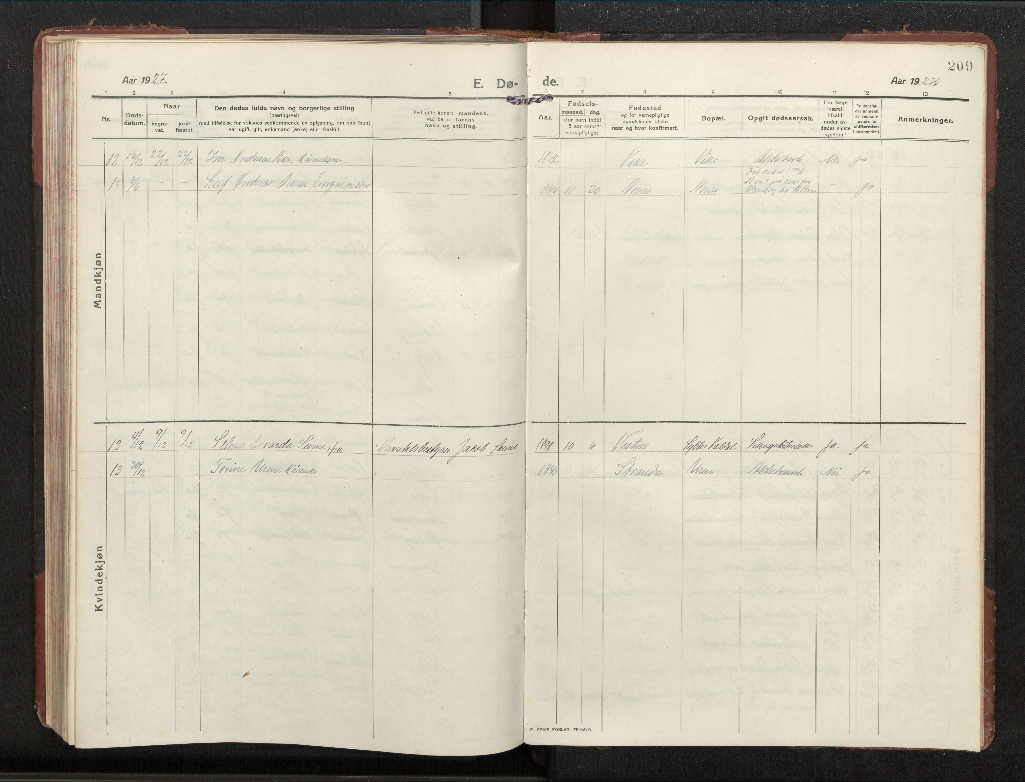 Ministerialprotokoller, klokkerbøker og fødselsregistre - Møre og Romsdal, SAT/A-1454/539/L0536a: Parish register (copy) no. 539C03, 1912-1936, p. 209
