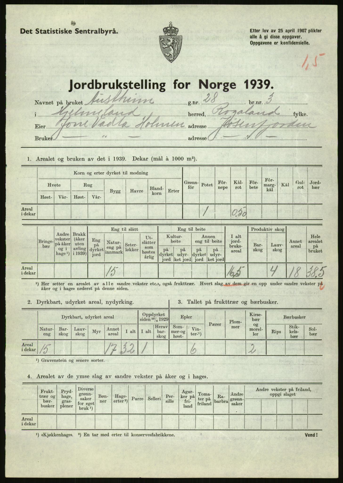 Statistisk sentralbyrå, Næringsøkonomiske emner, Jordbruk, skogbruk, jakt, fiske og fangst, AV/RA-S-2234/G/Gb/L0184: Rogaland: Årdal, Fister og Hjelmeland, 1939, p. 1271