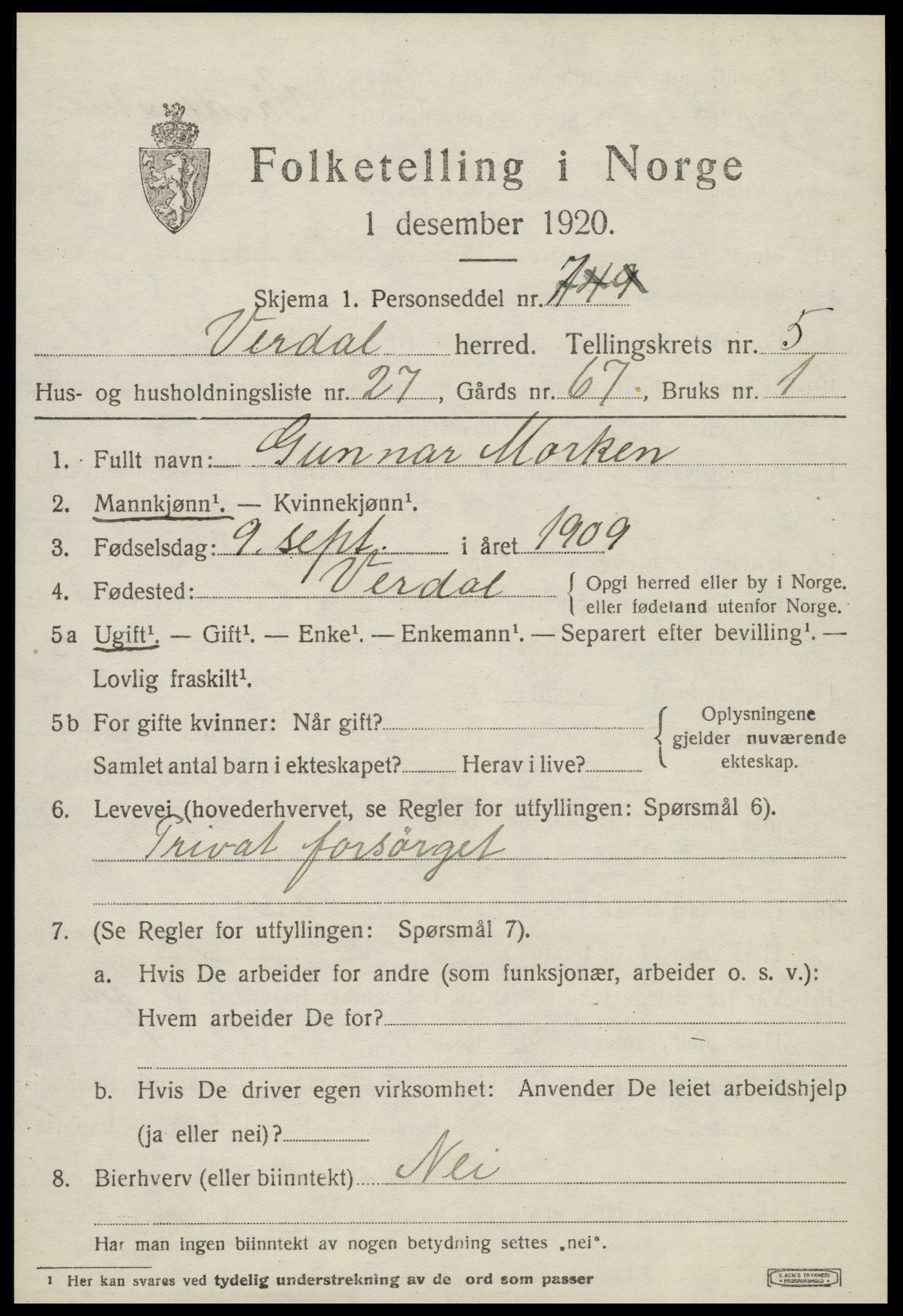 SAT, 1920 census for Verdal, 1920, p. 8865