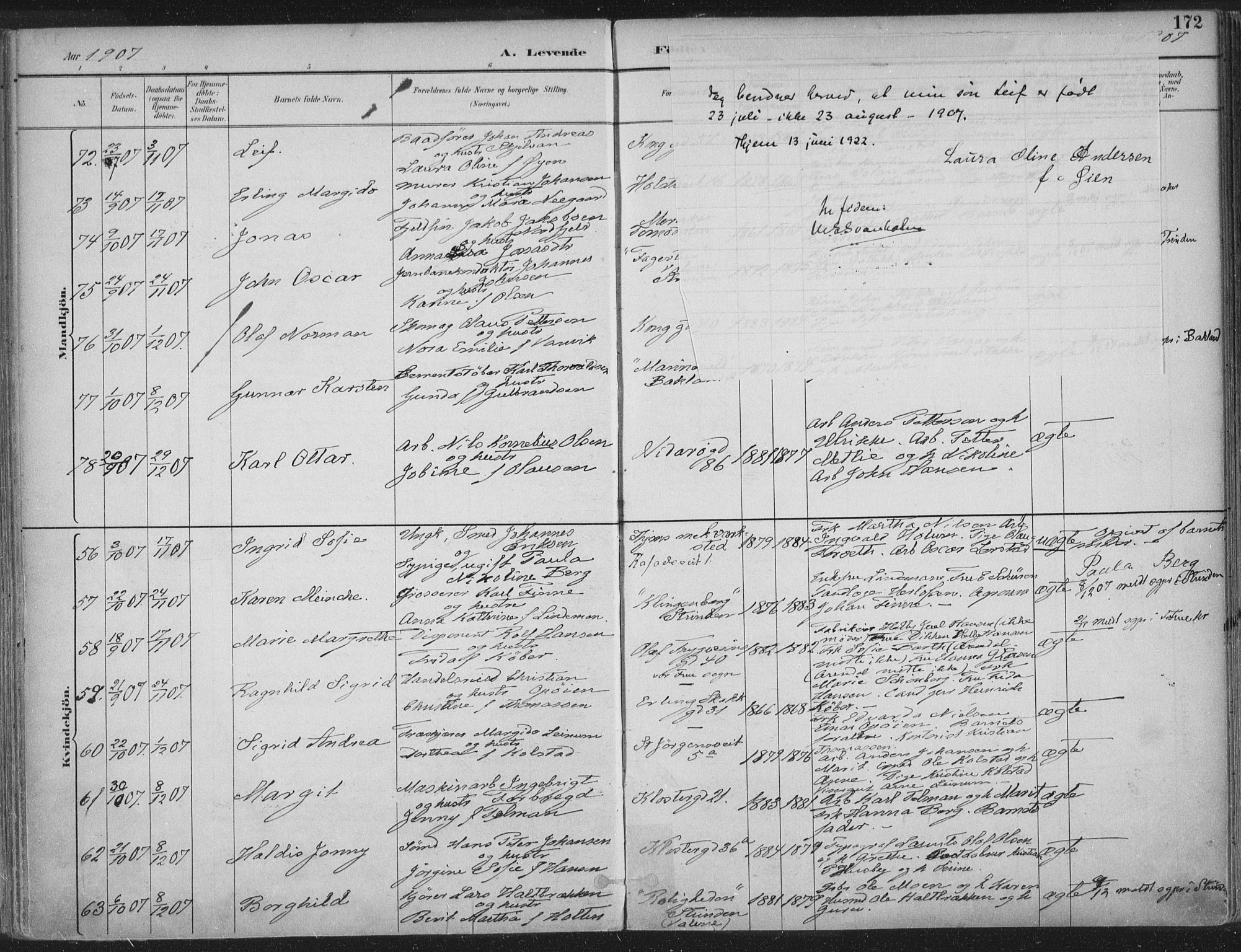 Ministerialprotokoller, klokkerbøker og fødselsregistre - Sør-Trøndelag, AV/SAT-A-1456/601/L0062: Parish register (official) no. 601A30, 1891-1911, p. 172