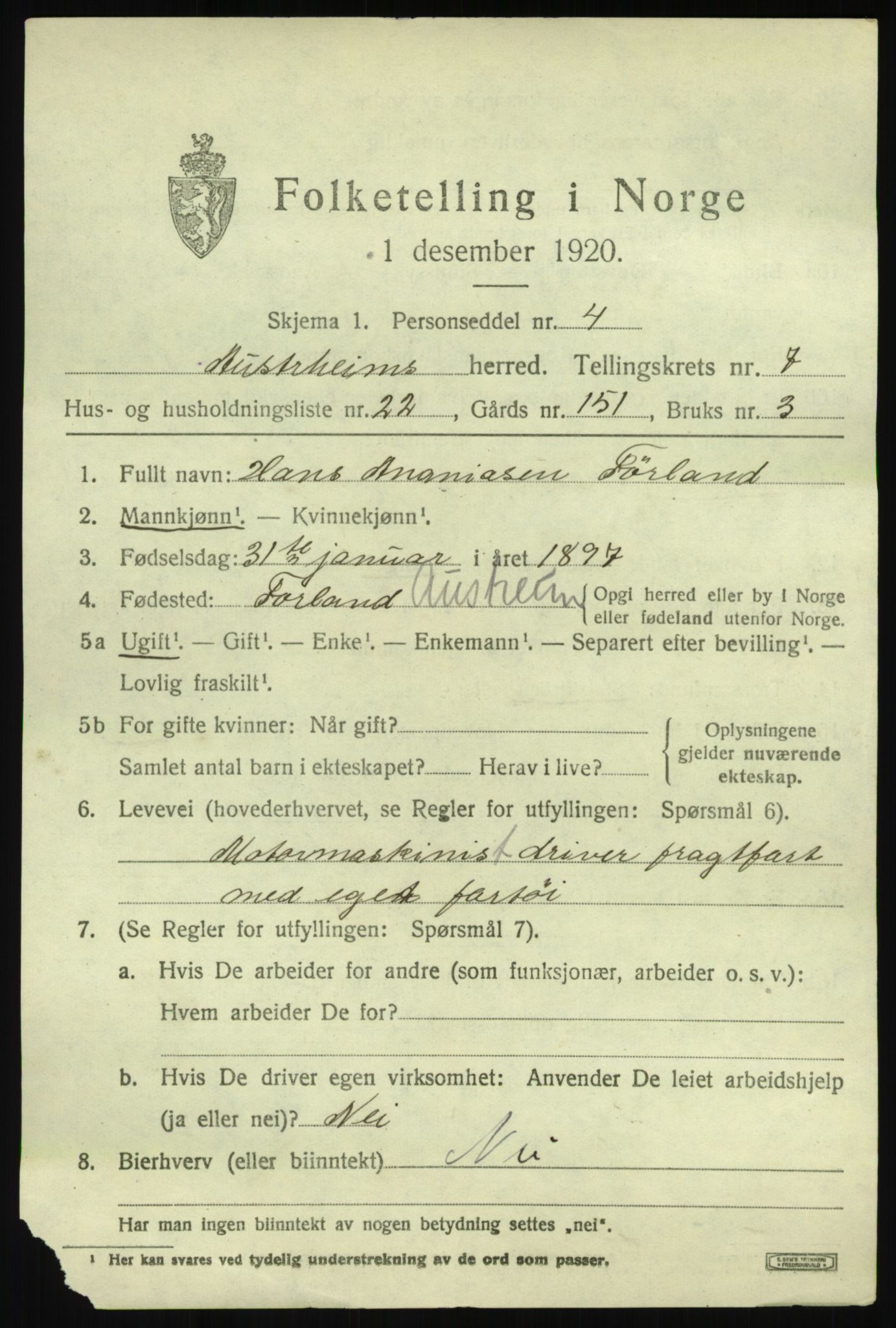 SAB, 1920 census for Austrheim, 1920, p. 2934