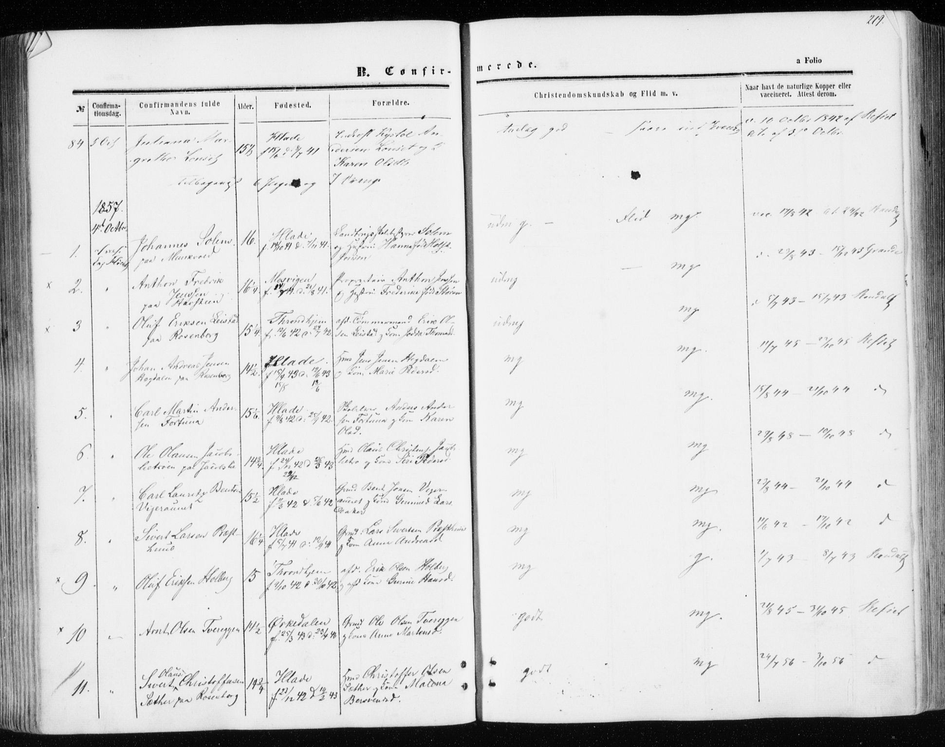 Ministerialprotokoller, klokkerbøker og fødselsregistre - Sør-Trøndelag, SAT/A-1456/606/L0292: Parish register (official) no. 606A07, 1856-1865, p. 219