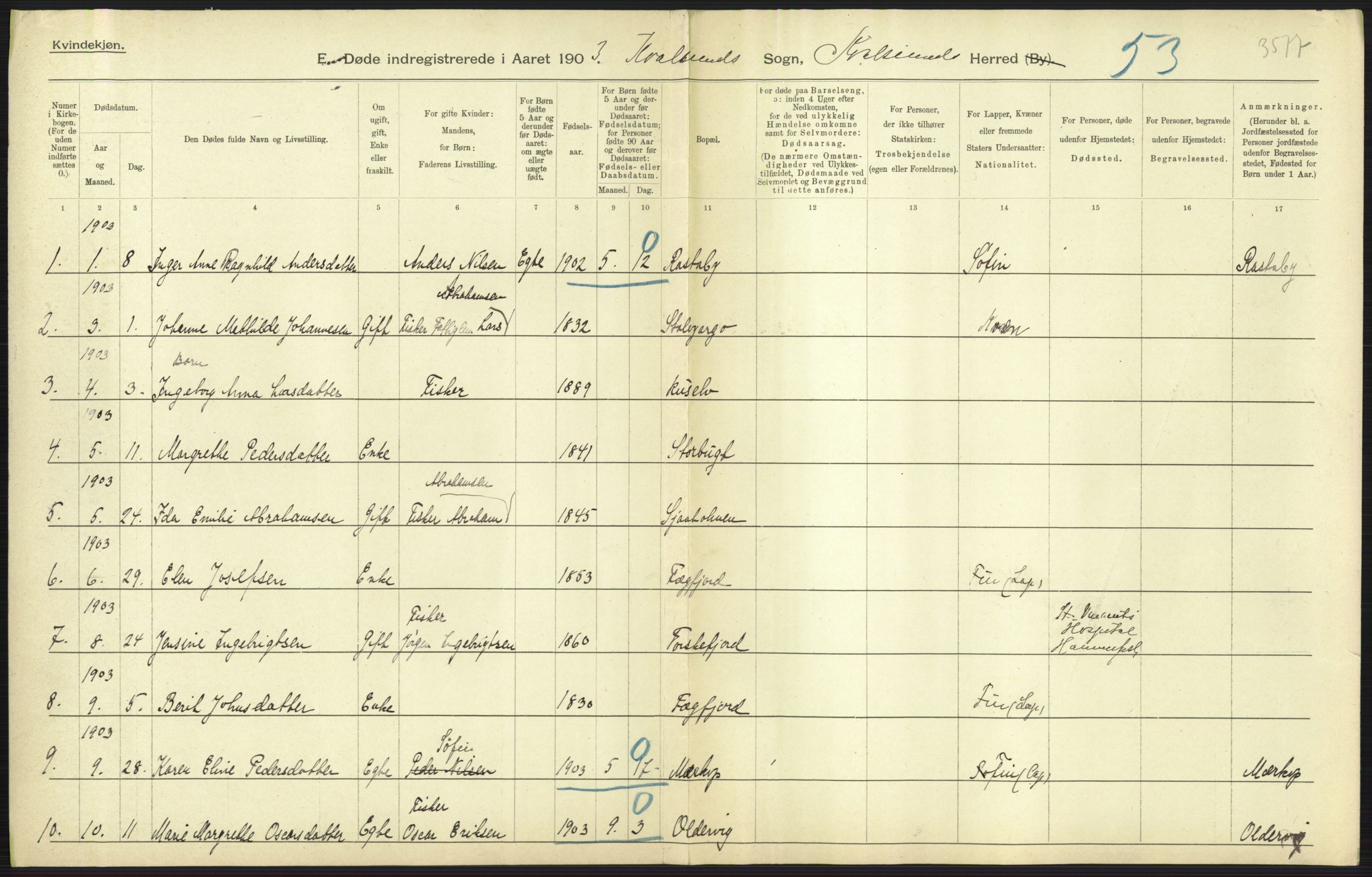 Statistisk sentralbyrå, Sosiodemografiske emner, Befolkning, AV/RA-S-2228/D/Df/Dfa/Dfaa/L0022: Finnmarkens amt: Fødte, gifte, døde., 1903, p. 235