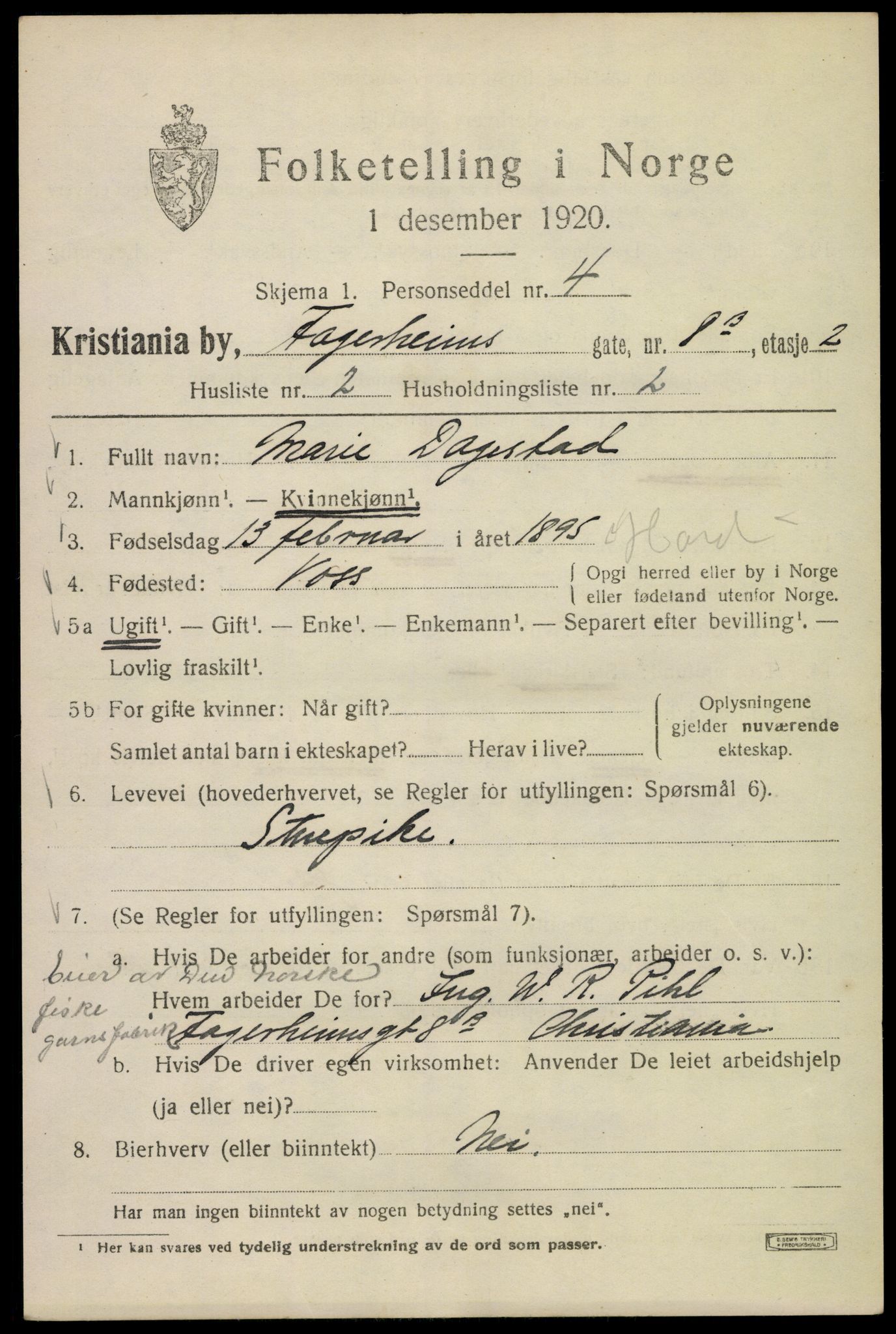 SAO, 1920 census for Kristiania, 1920, p. 225345