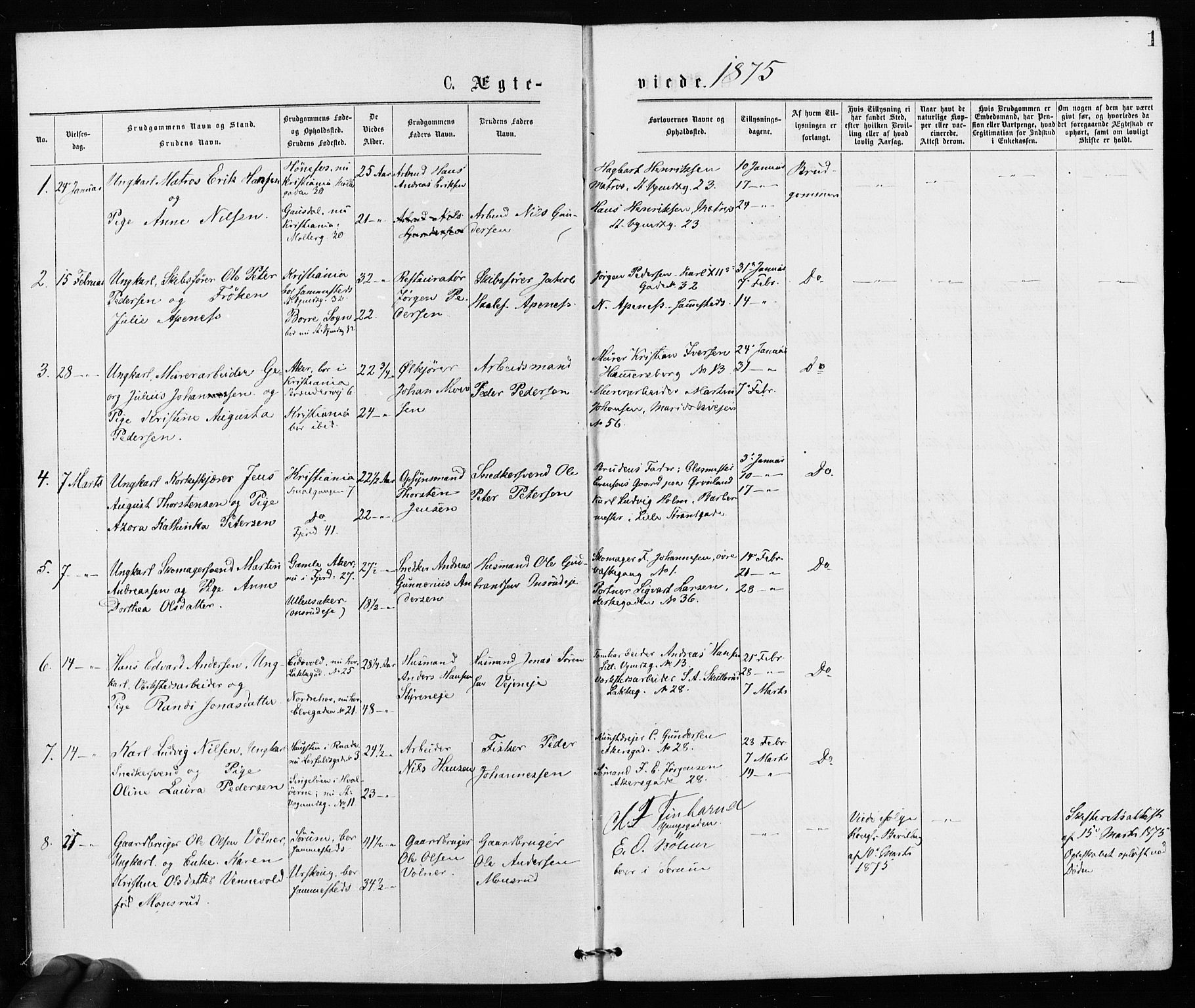 Jakob prestekontor Kirkebøker, SAO/A-10850/F/Fa/L0002: Parish register (official) no. 2, 1875-1879, p. 1