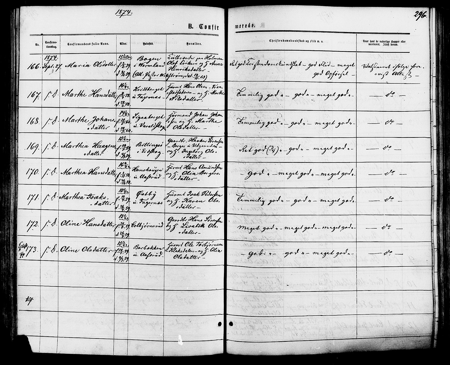 Vinger prestekontor, AV/SAH-PREST-024/H/Ha/Haa/L0012: Parish register (official) no. 12, 1871-1880, p. 296