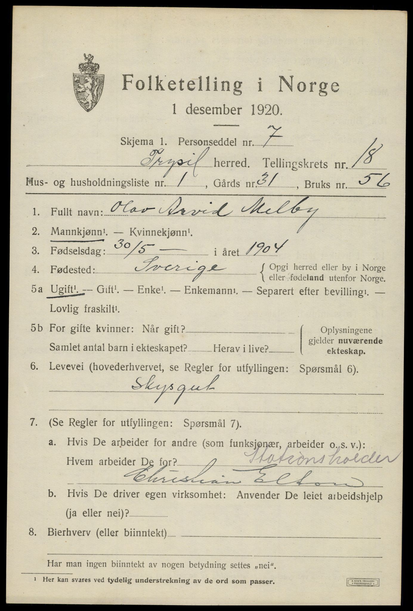 SAH, 1920 census for Trysil, 1920, p. 11915