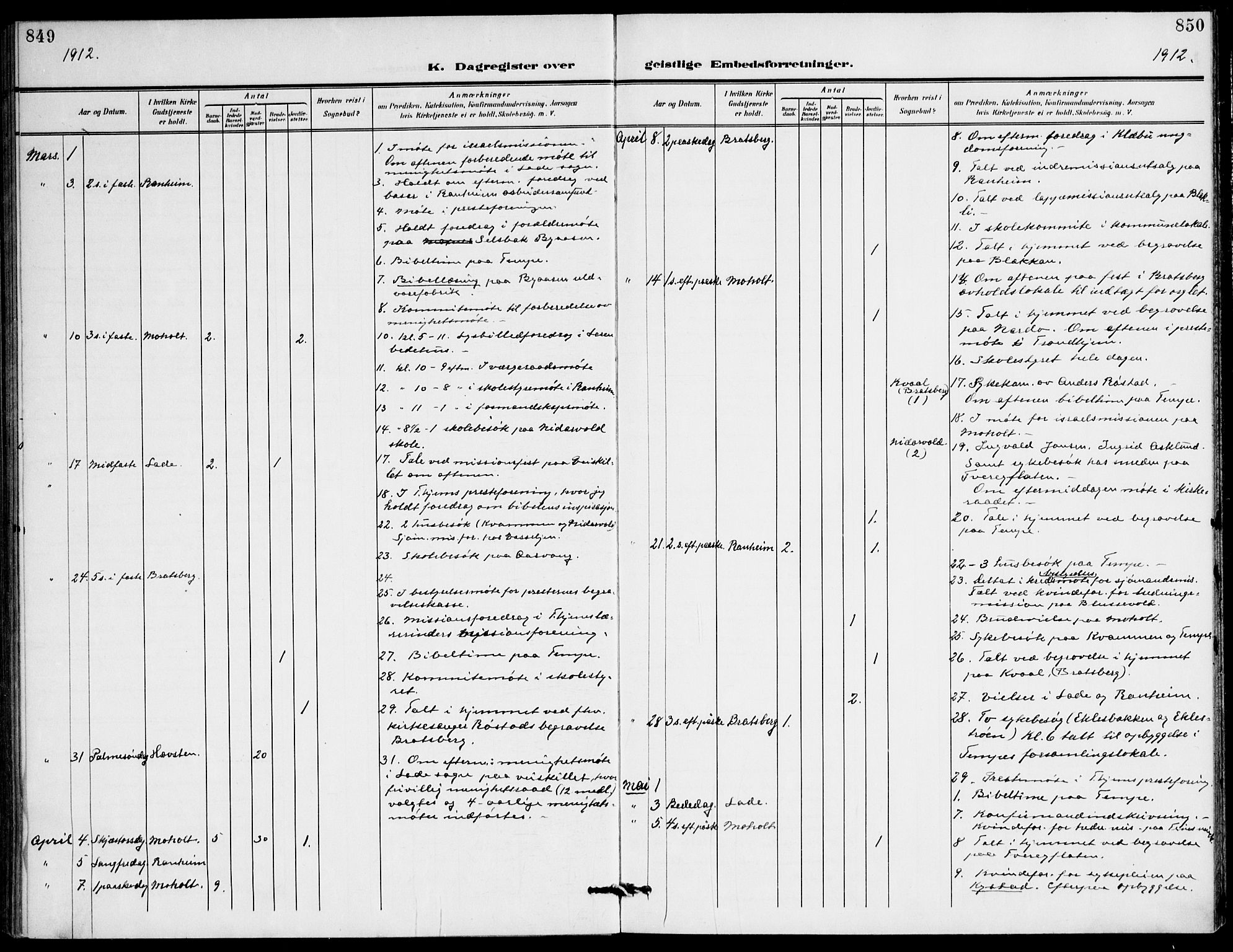 Ministerialprotokoller, klokkerbøker og fødselsregistre - Sør-Trøndelag, SAT/A-1456/607/L0320: Parish register (official) no. 607A04, 1907-1915, p. 849-850