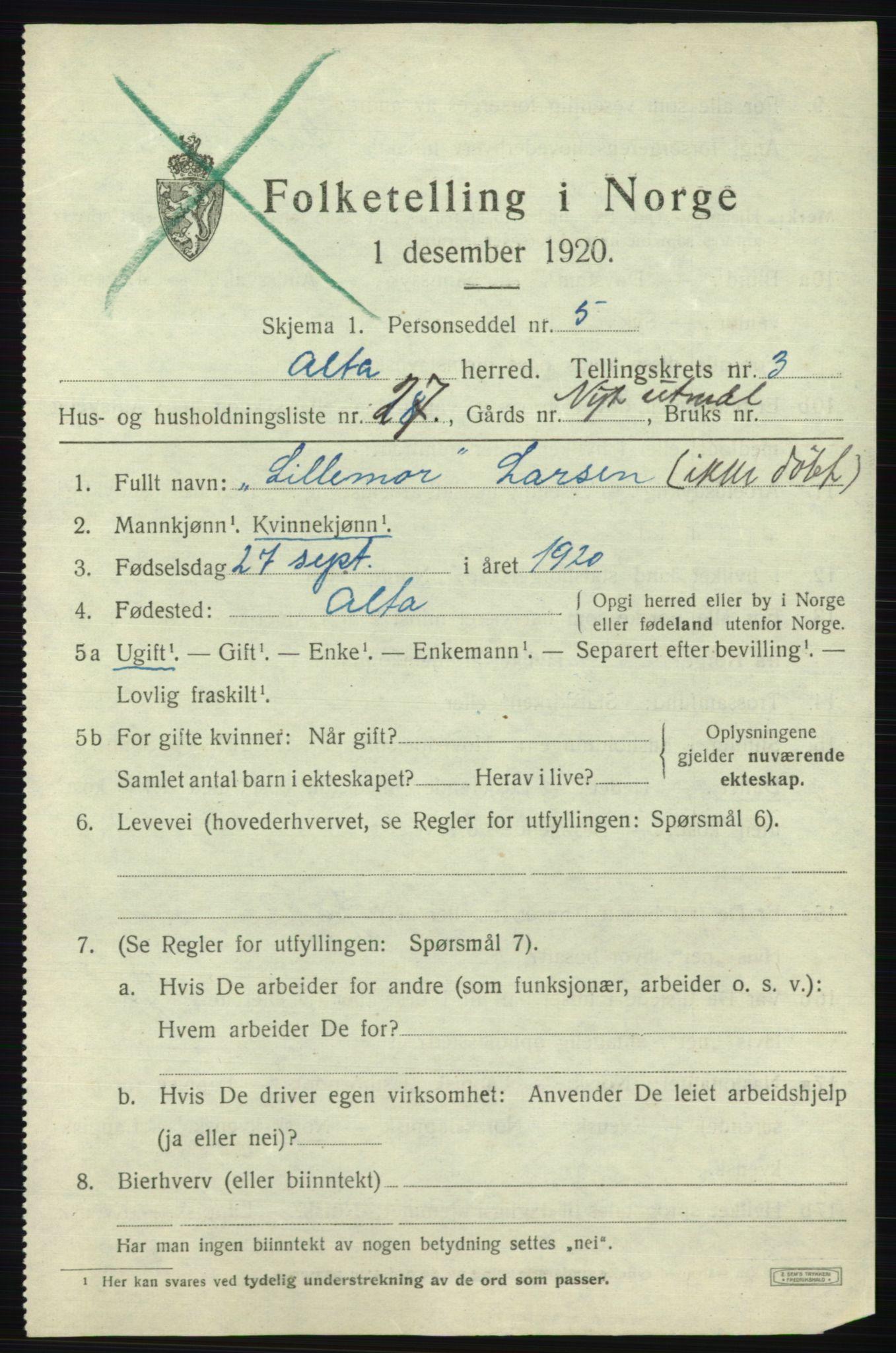 SATØ, 1920 census for Alta, 1920, p. 2593