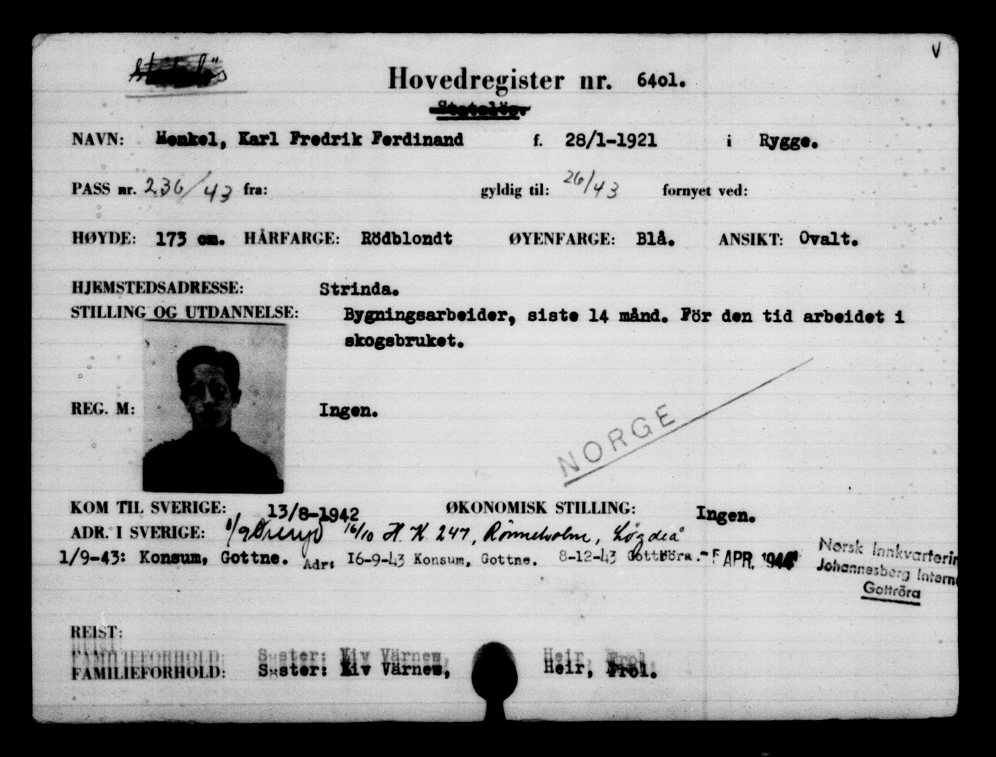 Utenriksstasjonene, Legasjonen i Stockholm, Flyktningkontoret, AV/RA-S-6753/V/Va/L0004: Kjesäterkartoteket, flyktninger med registreringsnr. 3496-6610, 1940-1945, p. 3435