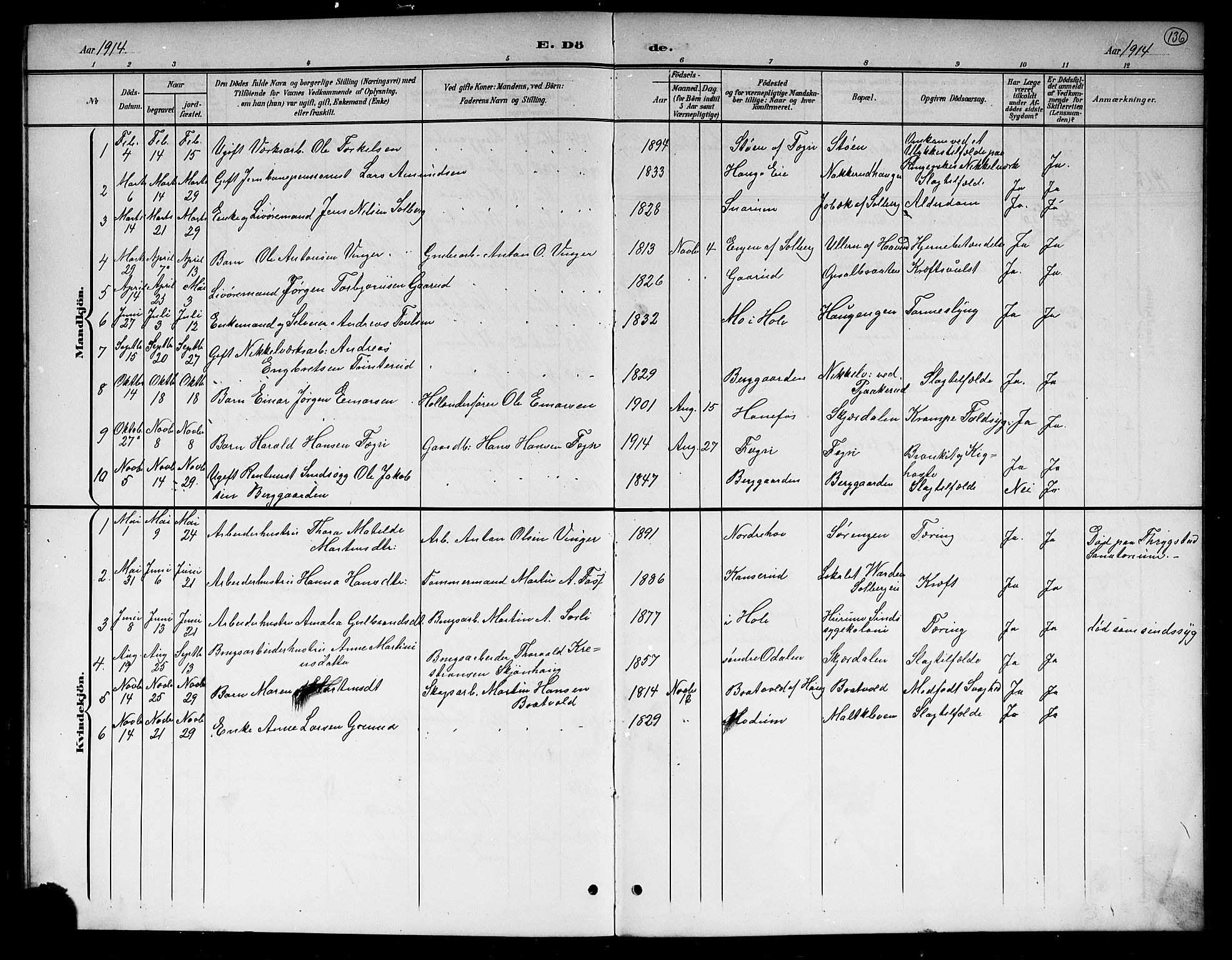 Hole kirkebøker, AV/SAKO-A-228/G/Gb/L0004: Parish register (copy) no. II 4, 1901-1916, p. 136