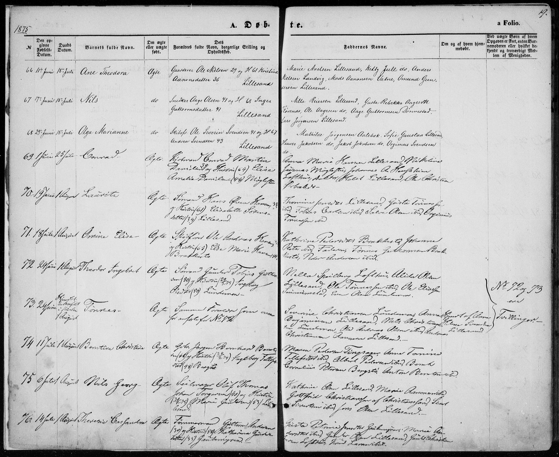 Vestre Moland sokneprestkontor, AV/SAK-1111-0046/F/Fa/Fab/L0008: Parish register (official) no. A 8, 1873-1883, p. 19