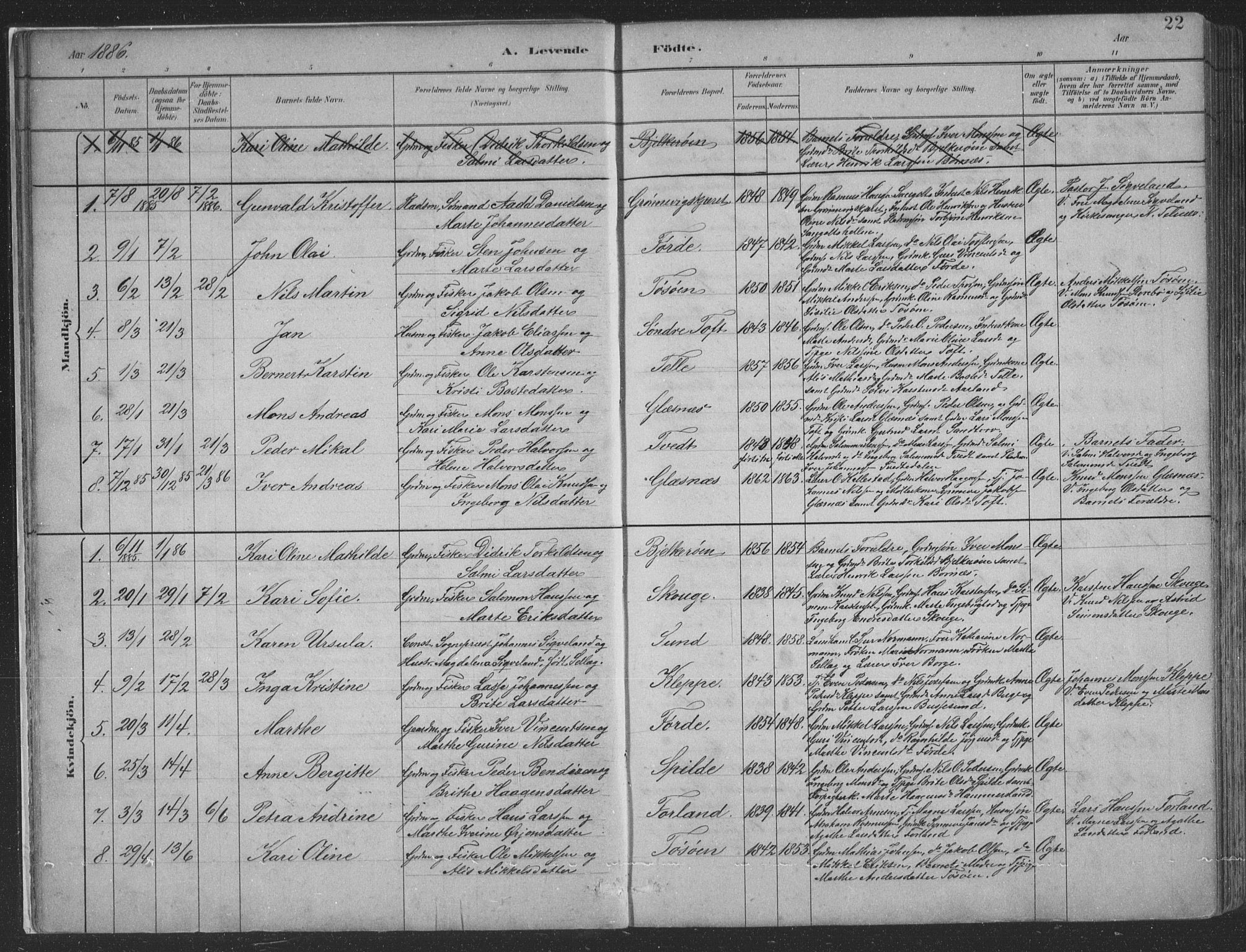Sund sokneprestembete, SAB/A-99930: Parish register (copy) no. B 3, 1882-1911, p. 22
