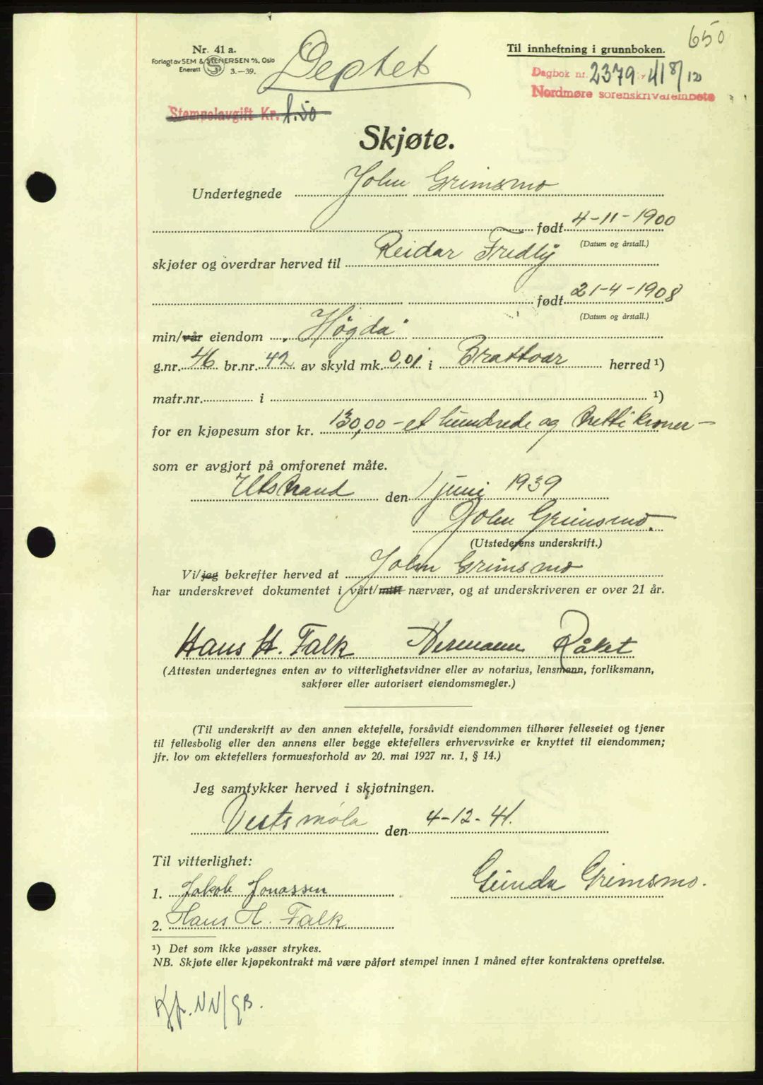 Nordmøre sorenskriveri, AV/SAT-A-4132/1/2/2Ca: Mortgage book no. A91, 1941-1942, Diary no: : 2379/1941