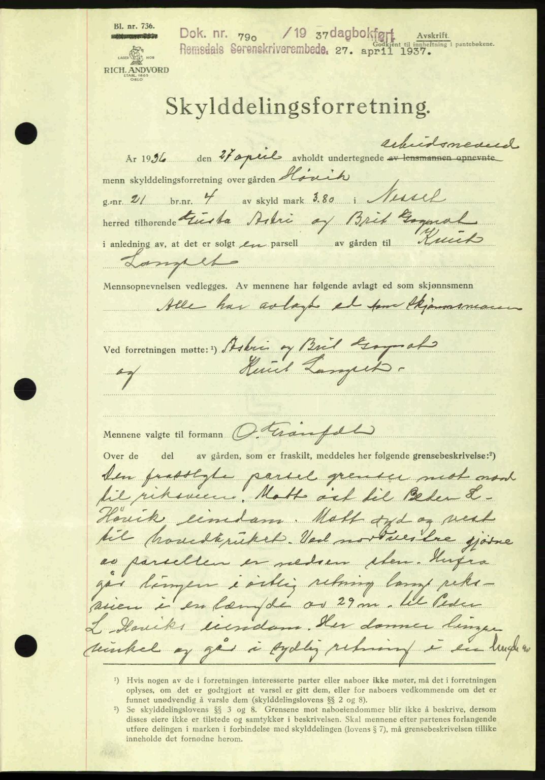 Romsdal sorenskriveri, SAT/A-4149/1/2/2C: Mortgage book no. A3, 1937-1937, Diary no: : 790/1937