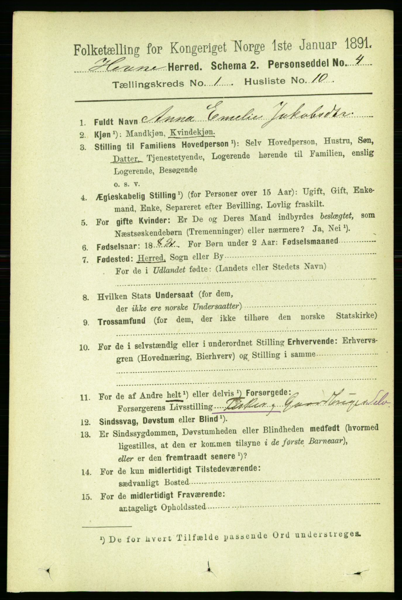 RA, 1891 census for 1612 Hemne, 1891, p. 174