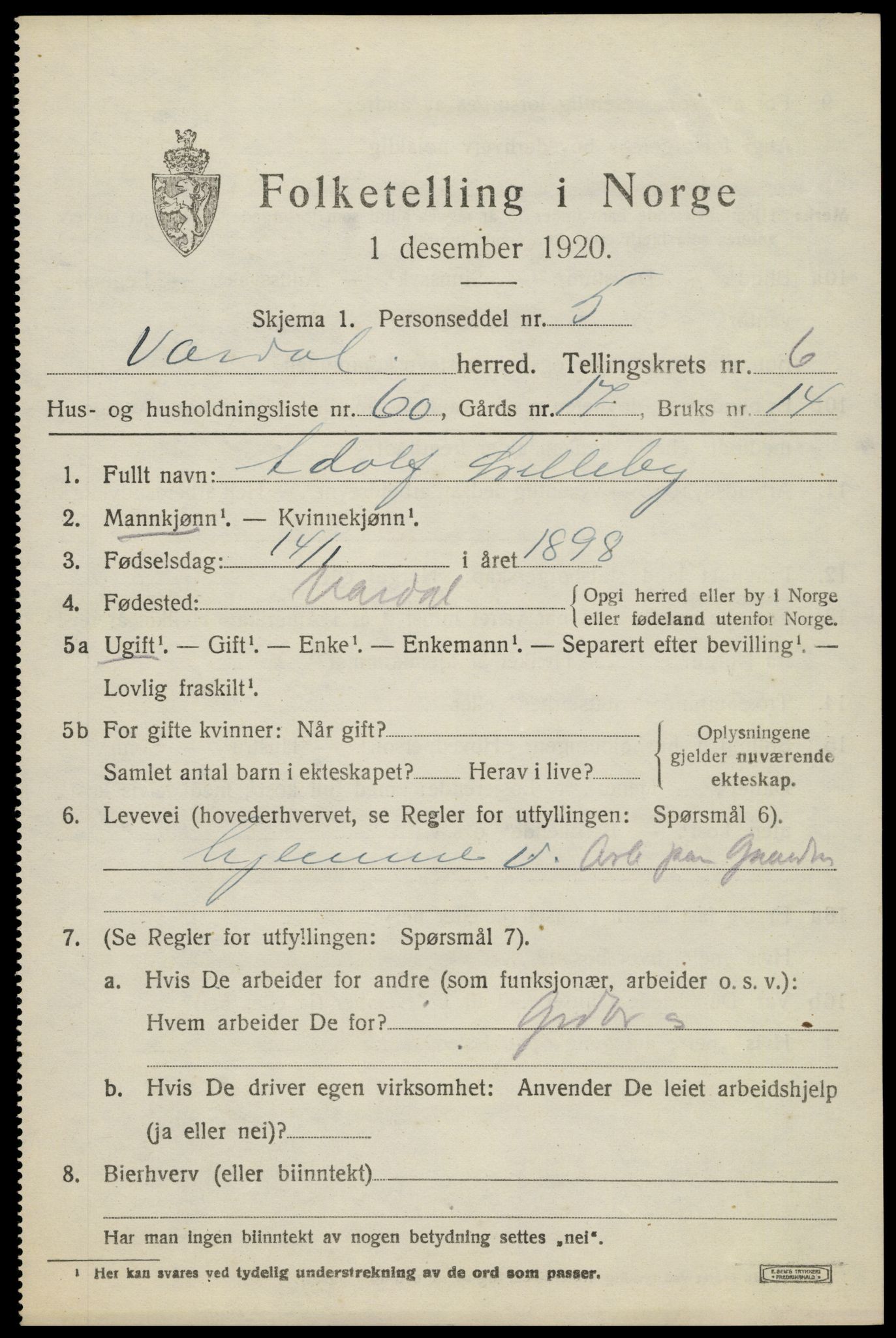 SAH, 1920 census for Vardal, 1920, p. 4561