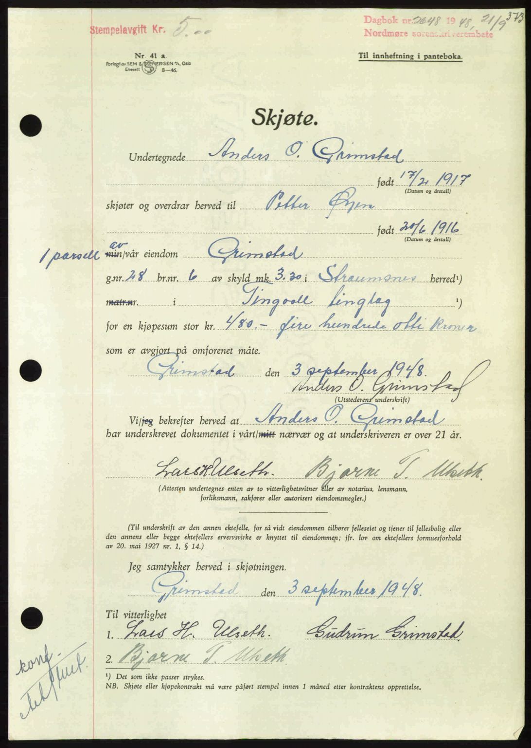 Nordmøre sorenskriveri, AV/SAT-A-4132/1/2/2Ca: Mortgage book no. A109, 1948-1948, Diary no: : 2648/1948