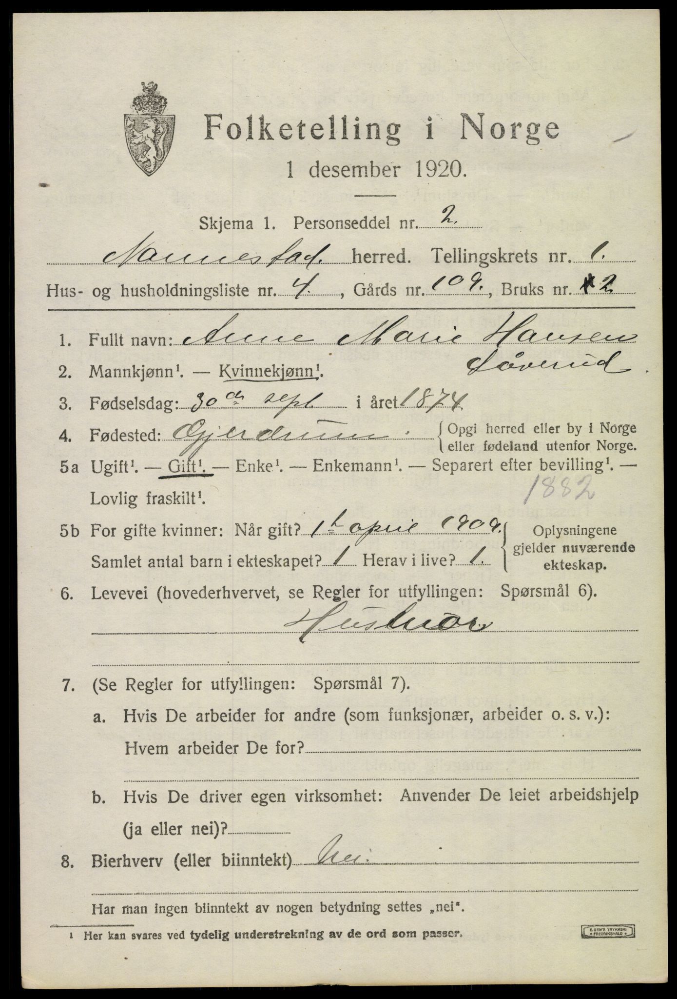 SAO, 1920 census for Nannestad, 1920, p. 1633