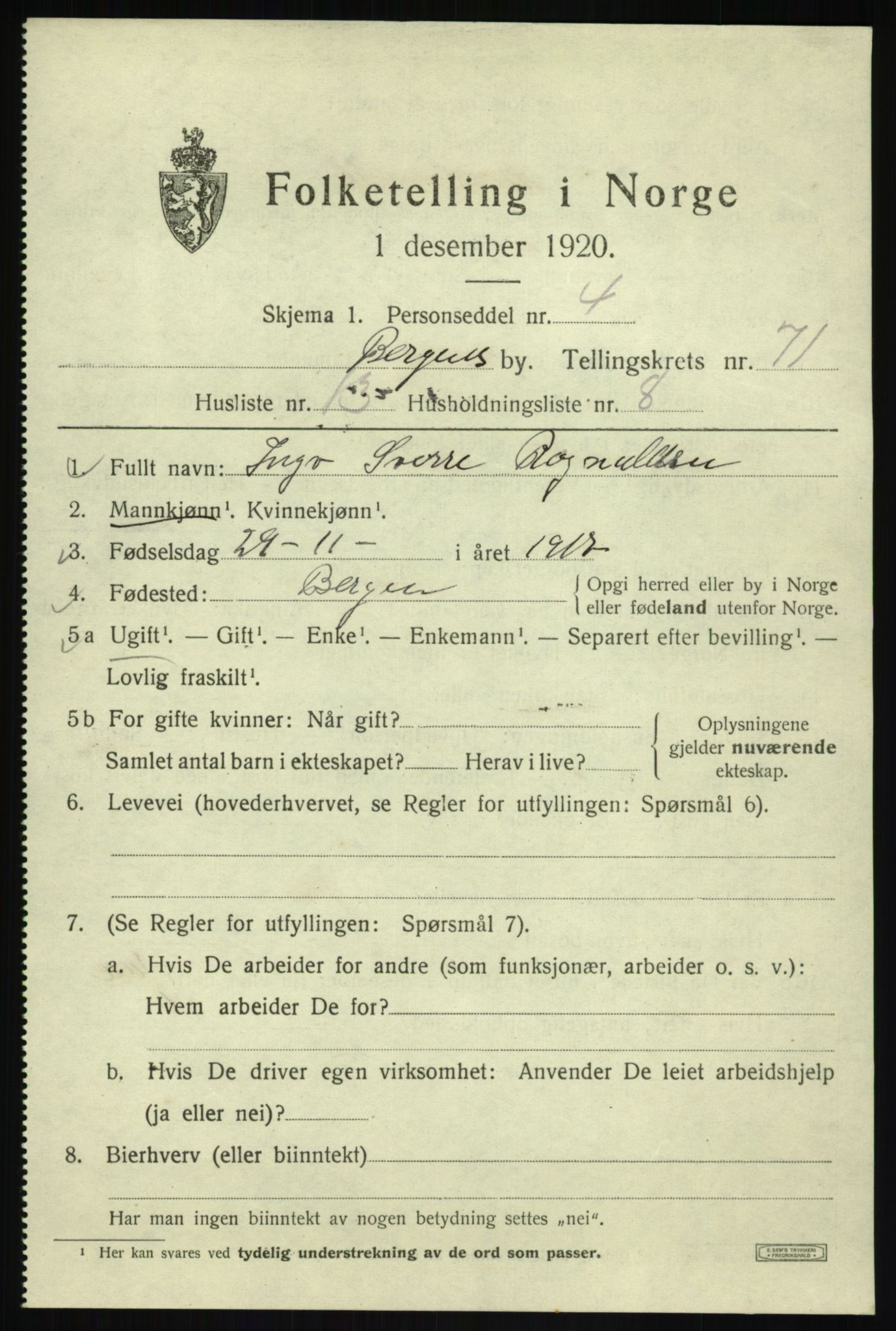 SAB, 1920 census for Bergen, 1920, p. 141032