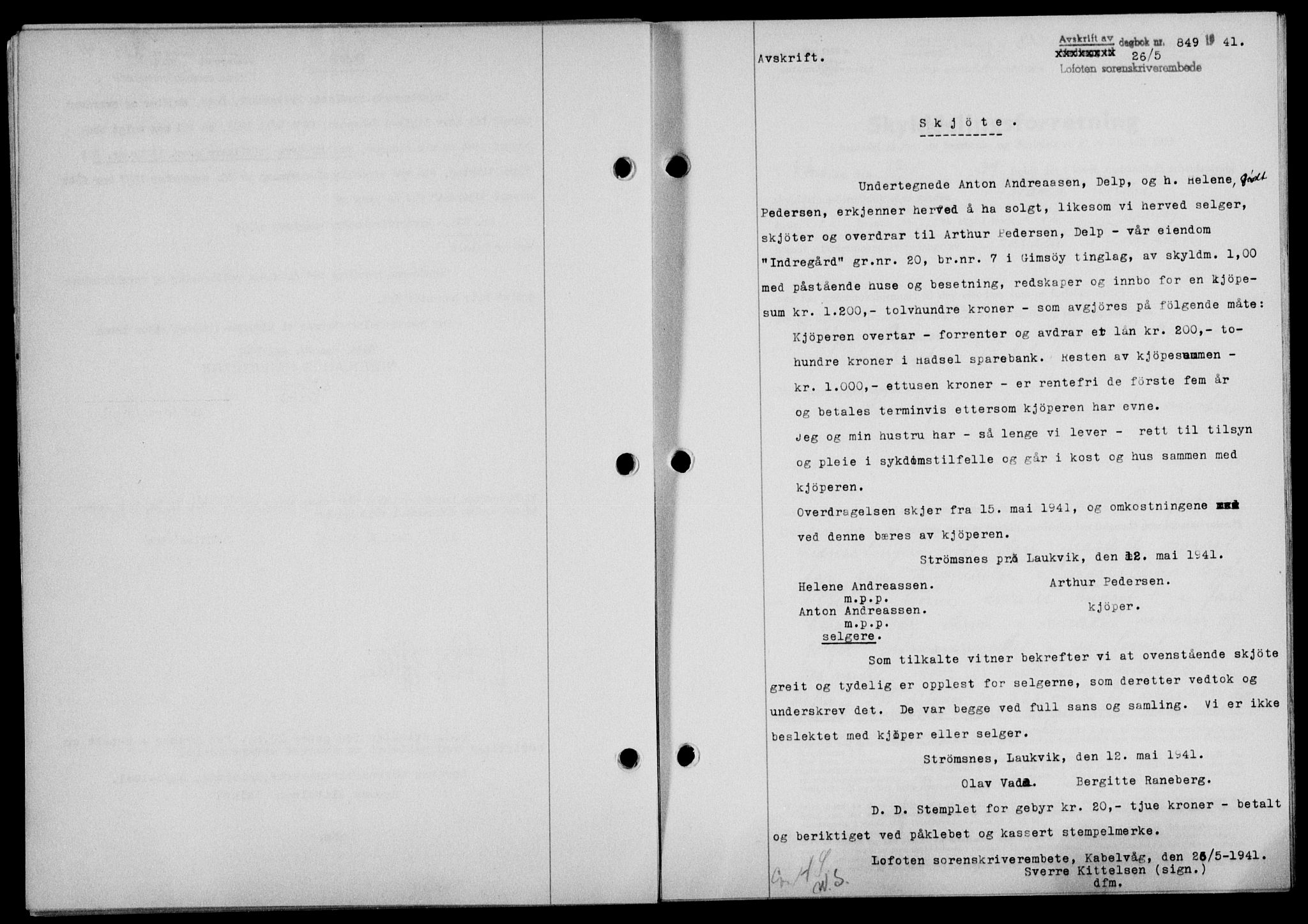 Lofoten sorenskriveri, SAT/A-0017/1/2/2C/L0008a: Mortgage book no. 8a, 1940-1941, Diary no: : 849/1941
