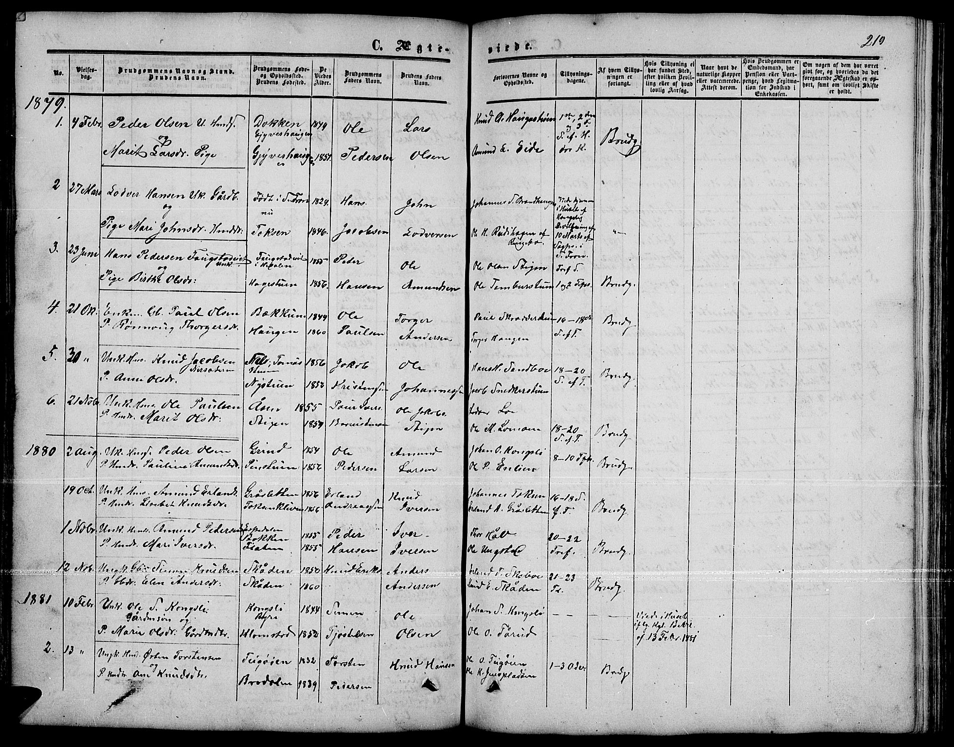 Nord-Fron prestekontor, SAH/PREST-080/H/Ha/Hab/L0001: Parish register (copy) no. 1, 1851-1883, p. 219