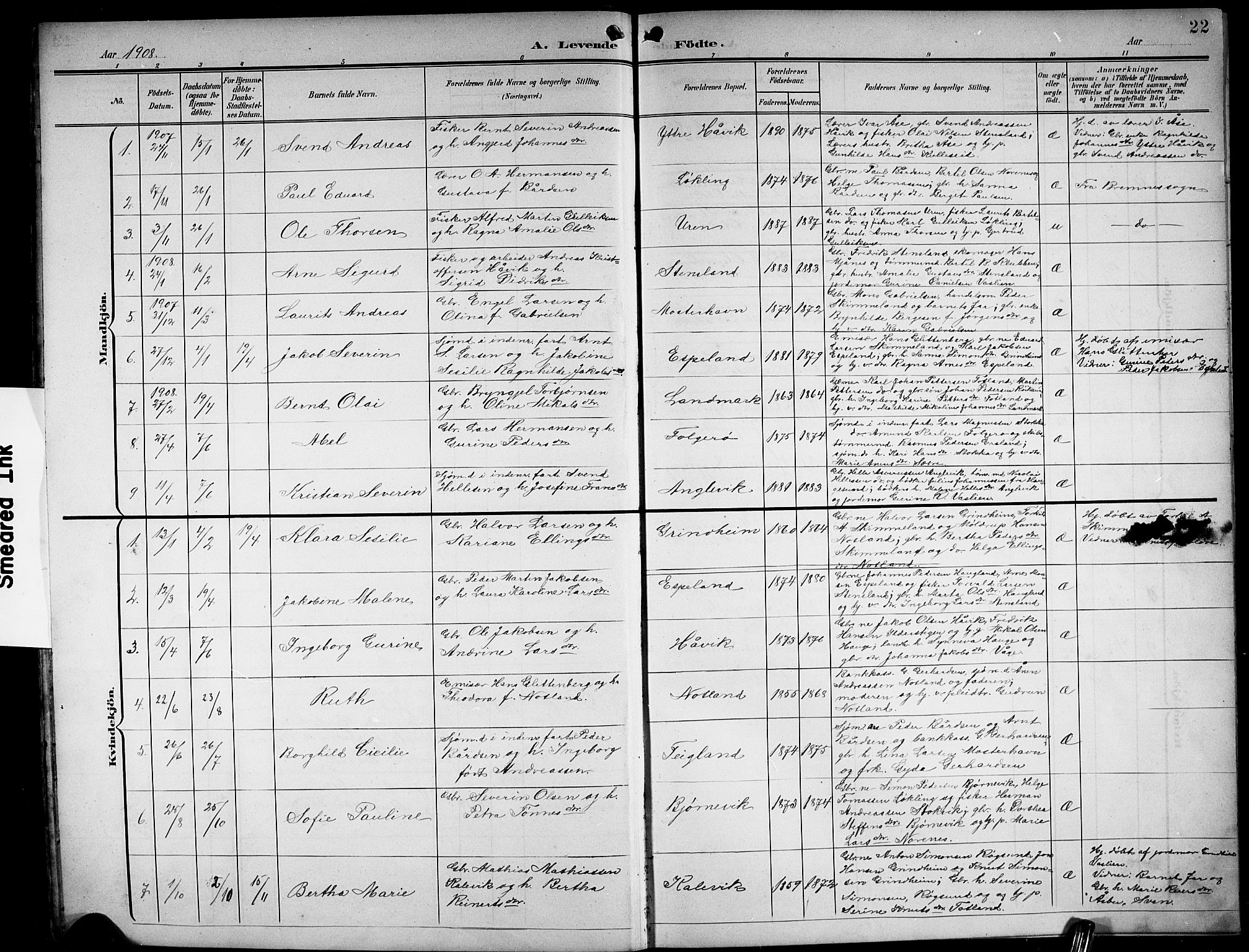 Finnås sokneprestembete, SAB/A-99925/H/Ha/Hab/Haba/L0004: Parish register (copy) no. A 4, 1901-1924, p. 22