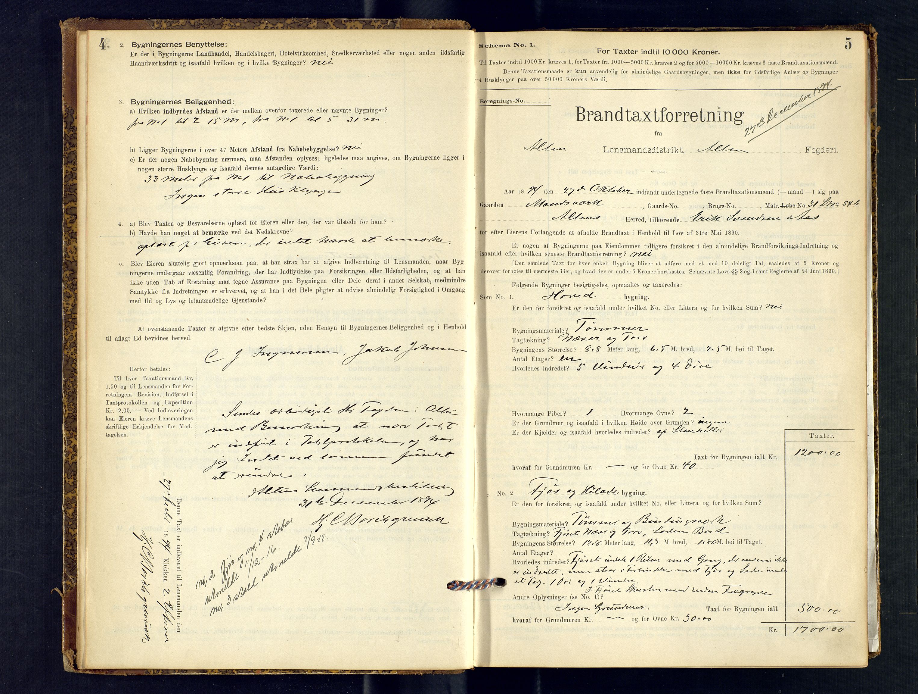Alta lensmannskontor, SATØ/S-1165/O/Ob/L0167: Branntakstprotokoll, 1894-1898, p. 4-5