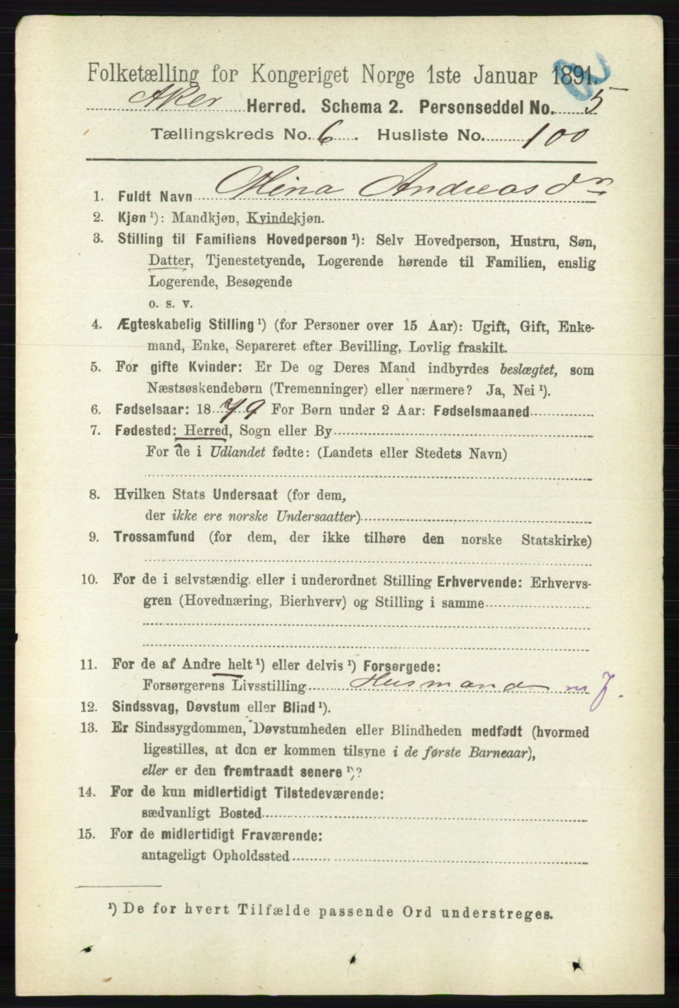 RA, 1891 census for 0218 Aker, 1891, p. 6137